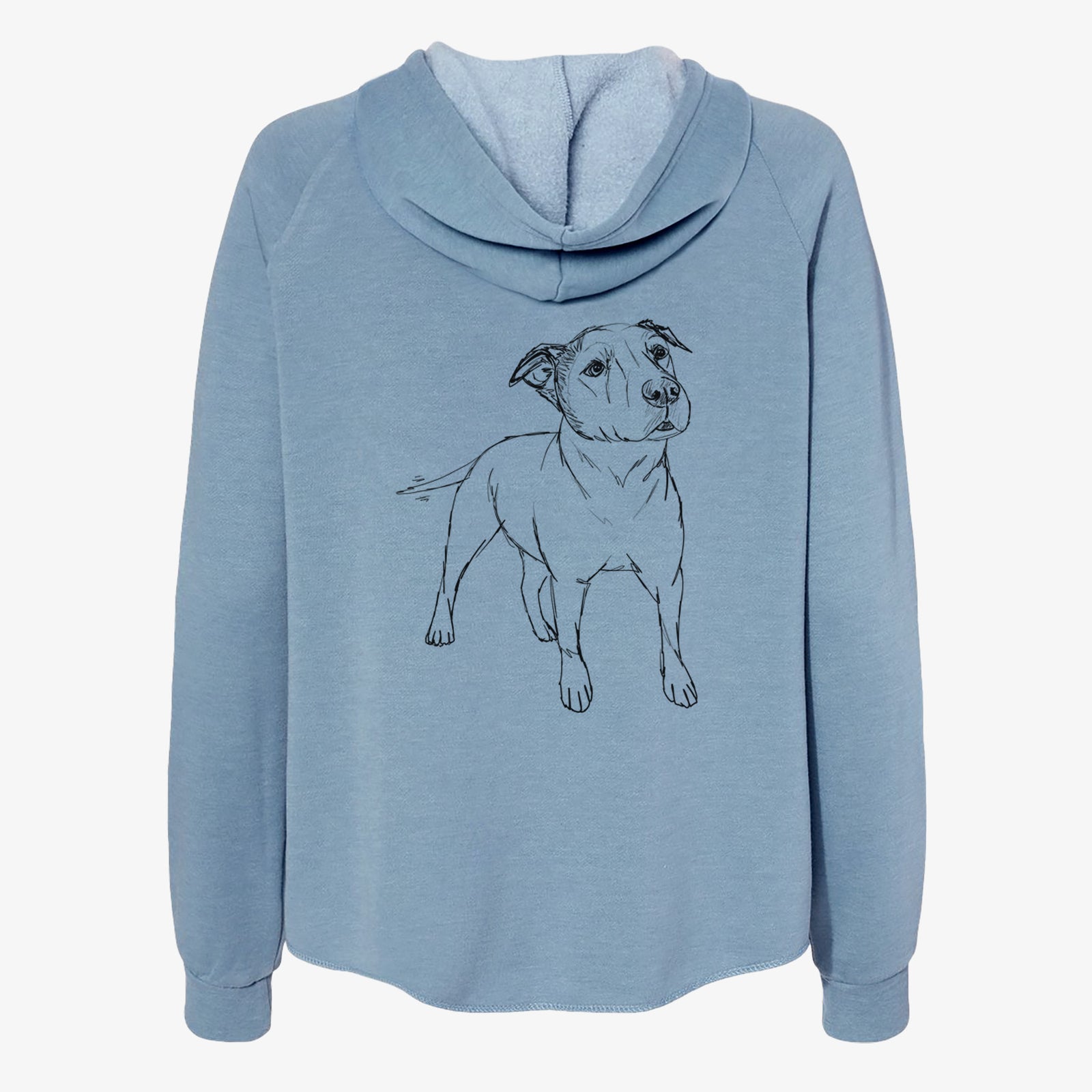 Full-body line drawing of Bruno the American Staffordshire Terrier on a Misty Blue Women's cali wave zip-up sweatshirt