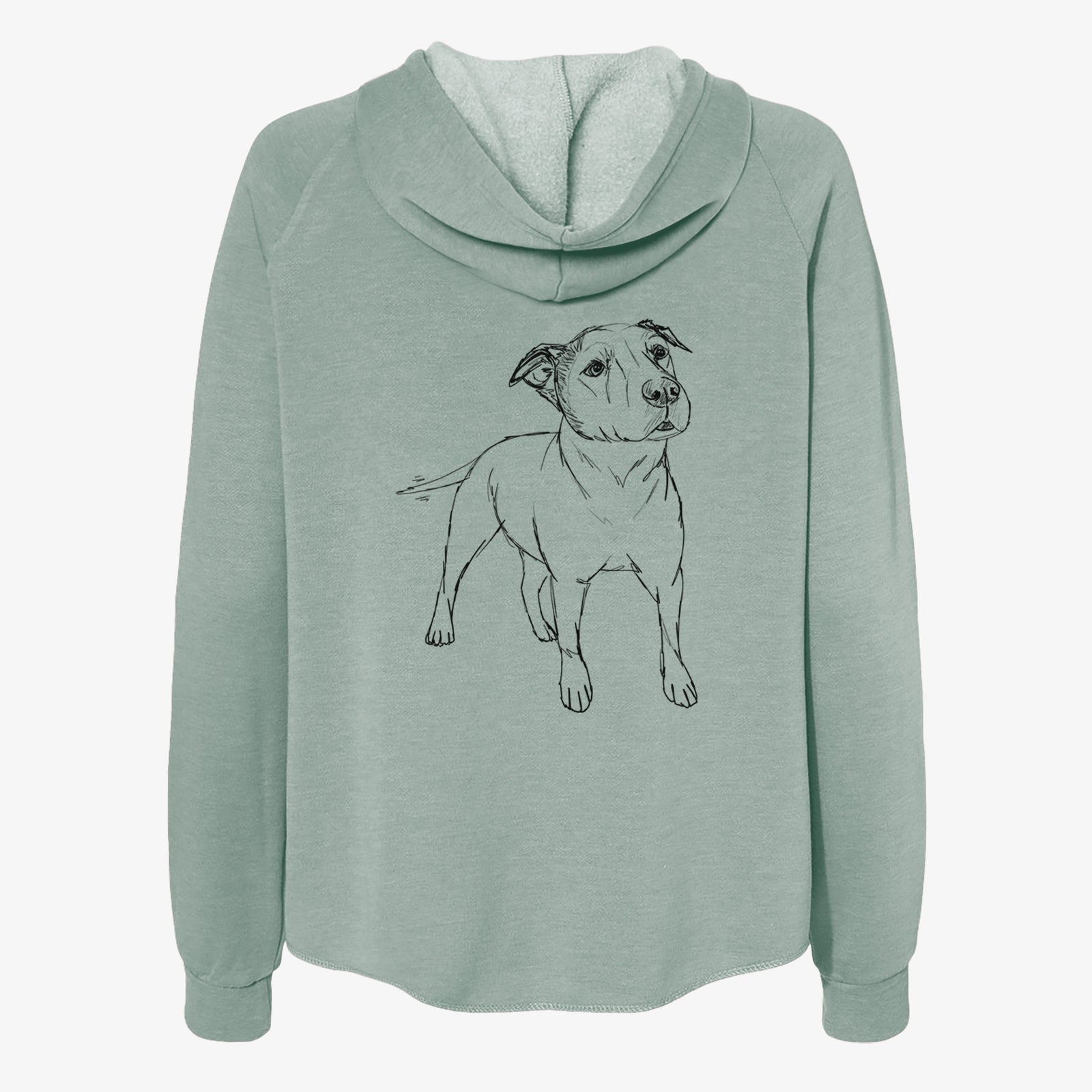 Full-body line drawing of Bruno the American Staffordshire Terrier on a Sage Women's cali wave zip-up sweatshirt