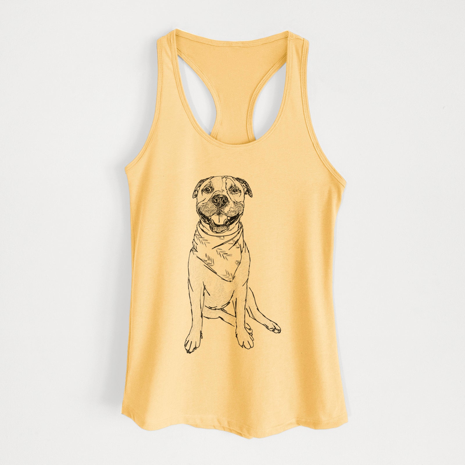 Full-body line drawing of Buddy the American Staffordshire Terrier on a Banana Cream Women's racerback tanktop