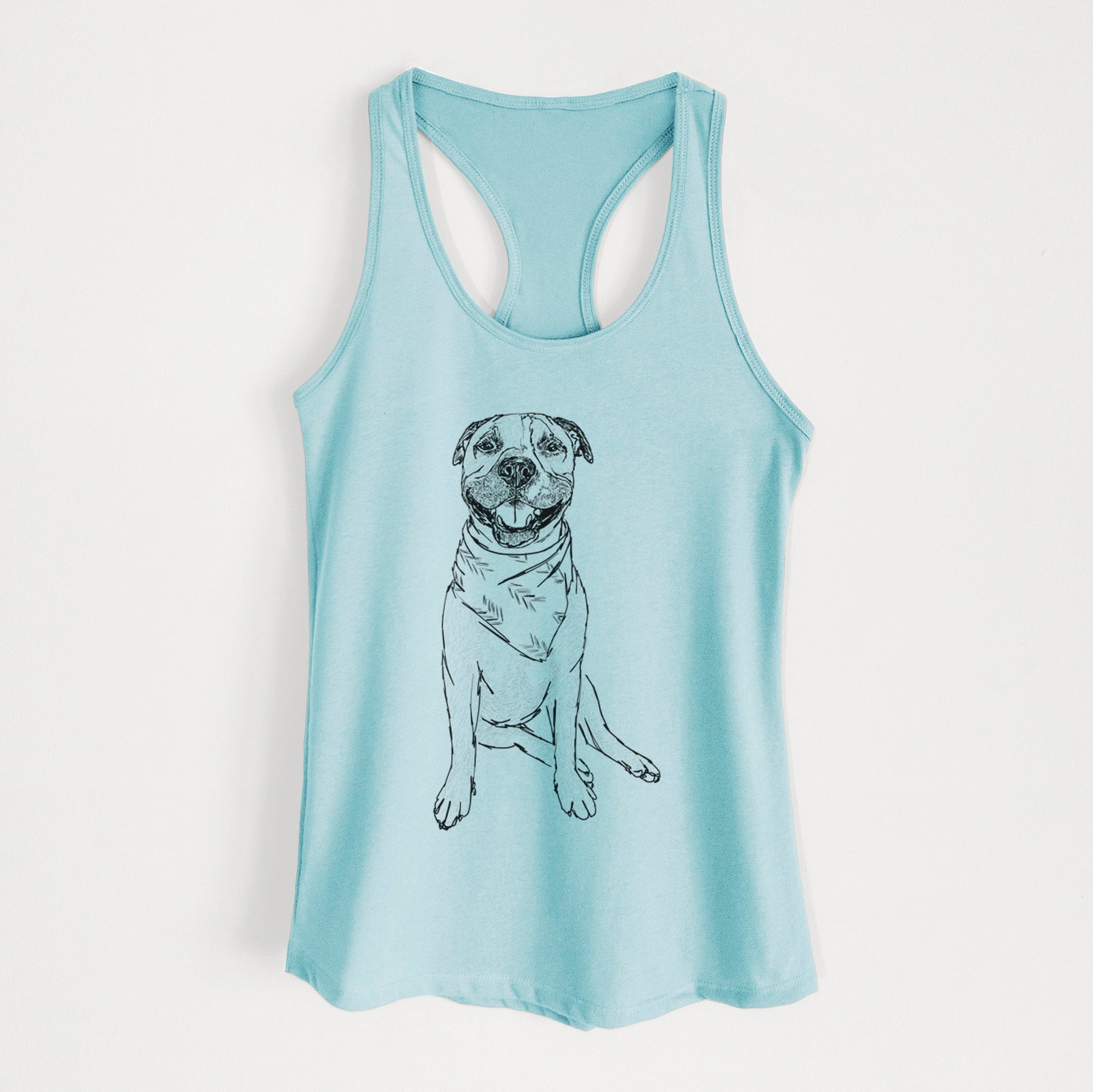 Full-body line drawing of Buddy the American Staffordshire Terrier on a Cancun Blue Women's racerback tanktop