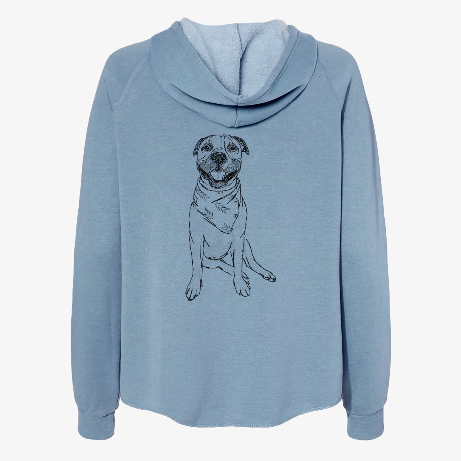 Full-body line drawing of Buddy the American Staffordshire Terrier on a Misty Blue Women's cali wave zip-up sweatshirt
