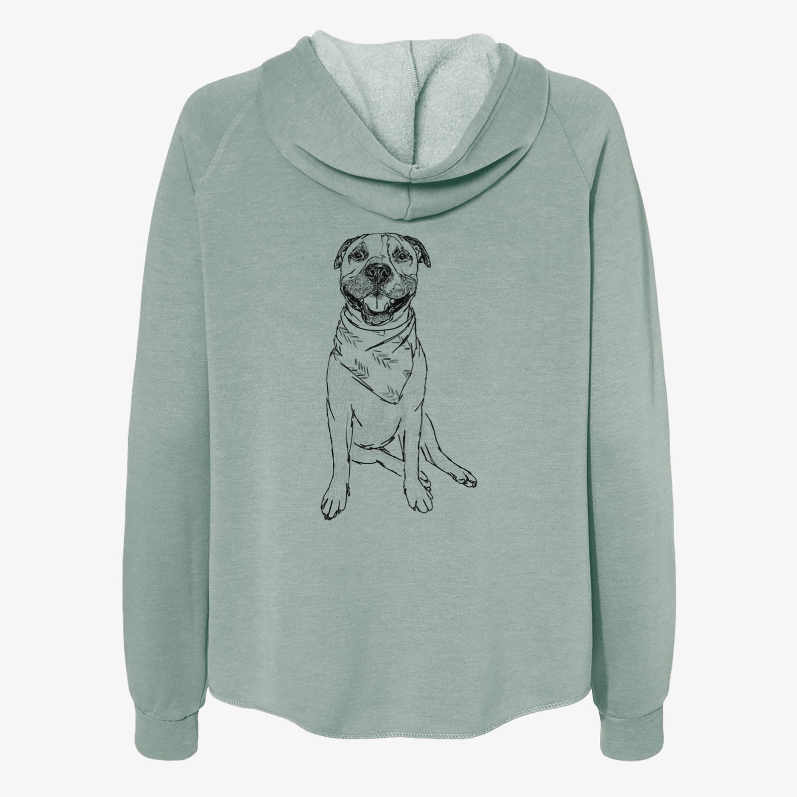 Full-body line drawing of Buddy the American Staffordshire Terrier on a Sage Women's cali wave zip-up sweatshirt