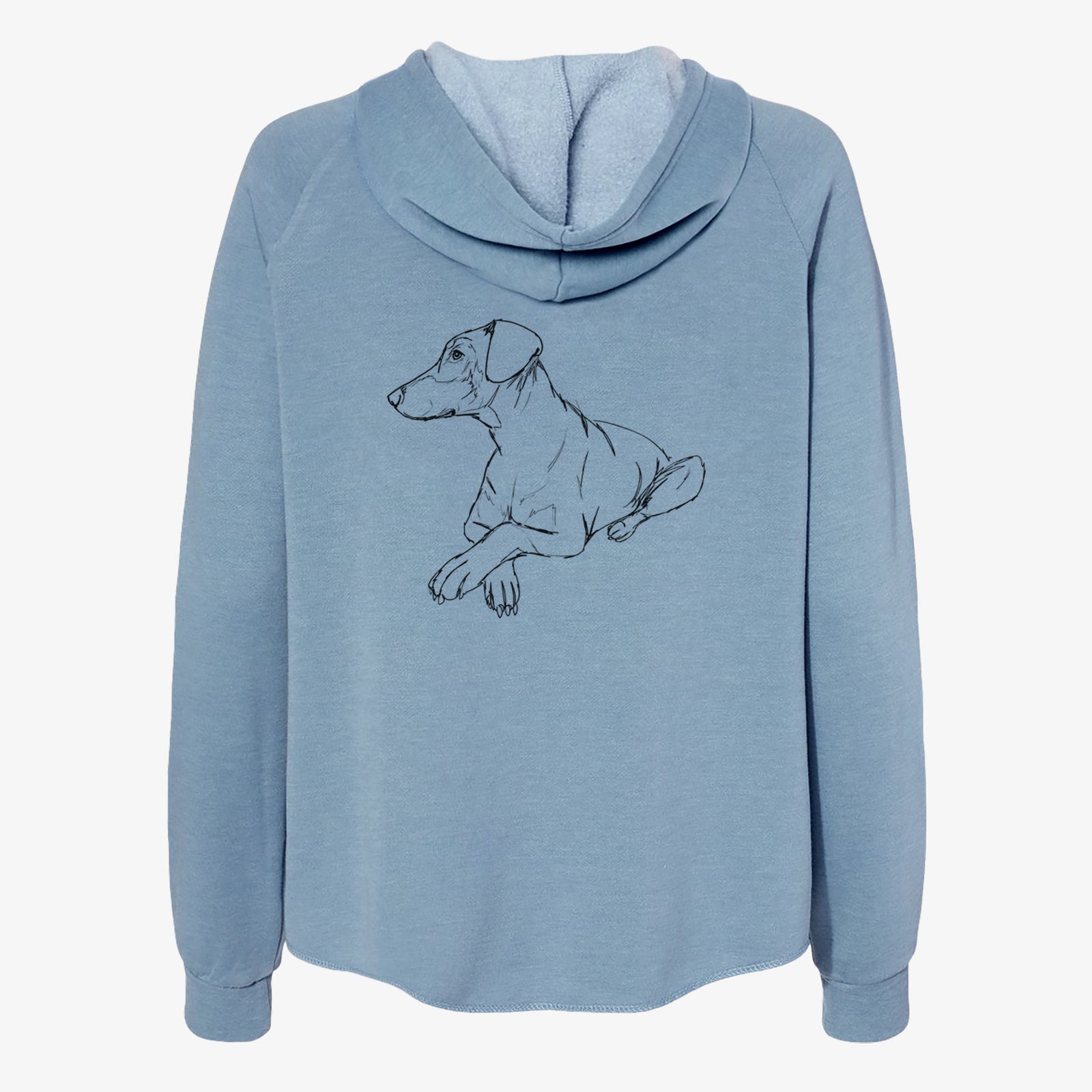 Full-body line drawing of Caesar the Doberman Pinscher on a Misty Blue Women's cali wave zip-up sweatshirt