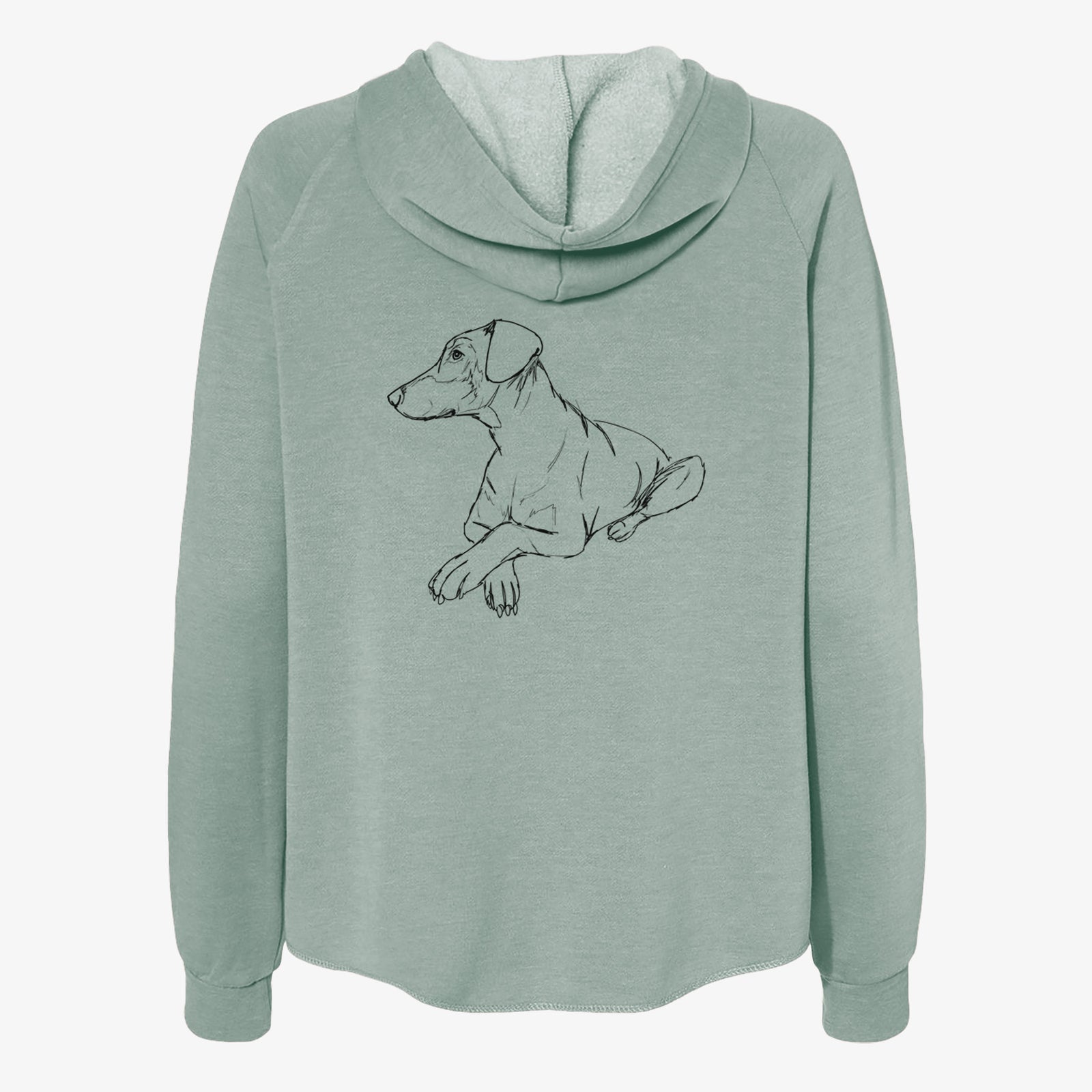 Full-body line drawing of Caesar the Doberman Pinscher on a Sage Women's cali wave zip-up sweatshirt