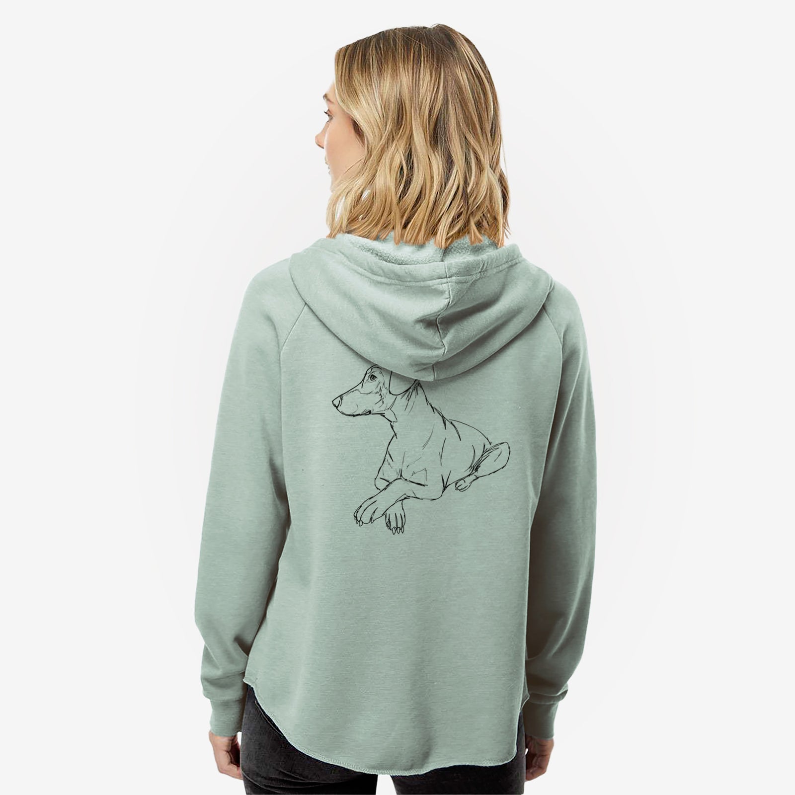 Full-body line drawing of Caesar the Doberman Pinscher on a Sage Women's cali wave zip-up sweatshirt