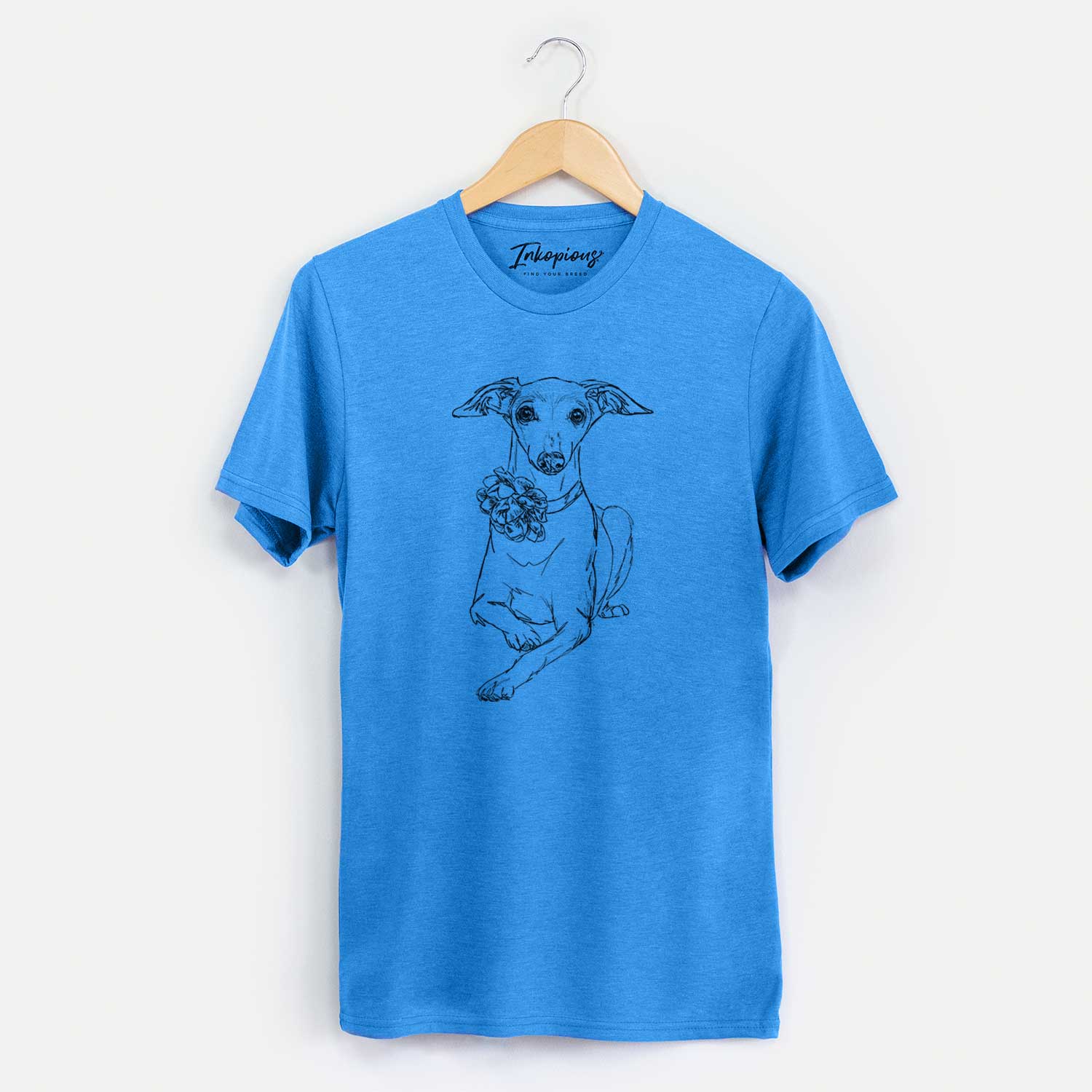 Full-body line drawing of Cashie the Italian Greyhound on a Blue Unisex crewneck