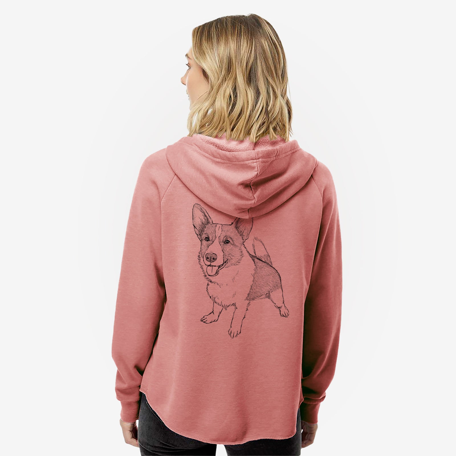 Full-body line drawing of Chapito the Corgi on a Dusty Rose Women's cali wave zip-up sweatshirt
