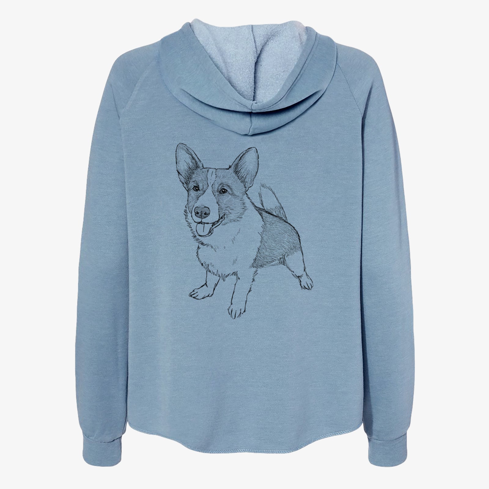 Full-body line drawing of Chapito the Corgi on a Misty Blue Women's cali wave zip-up sweatshirt
