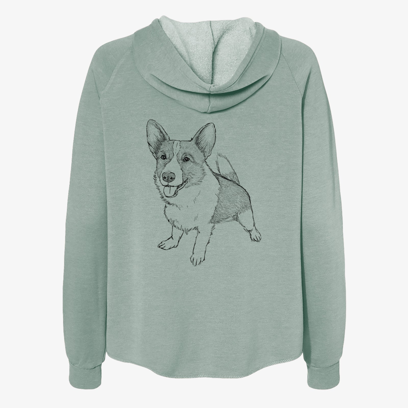Full-body line drawing of Chapito the Corgi on a Sage Women's cali wave zip-up sweatshirt