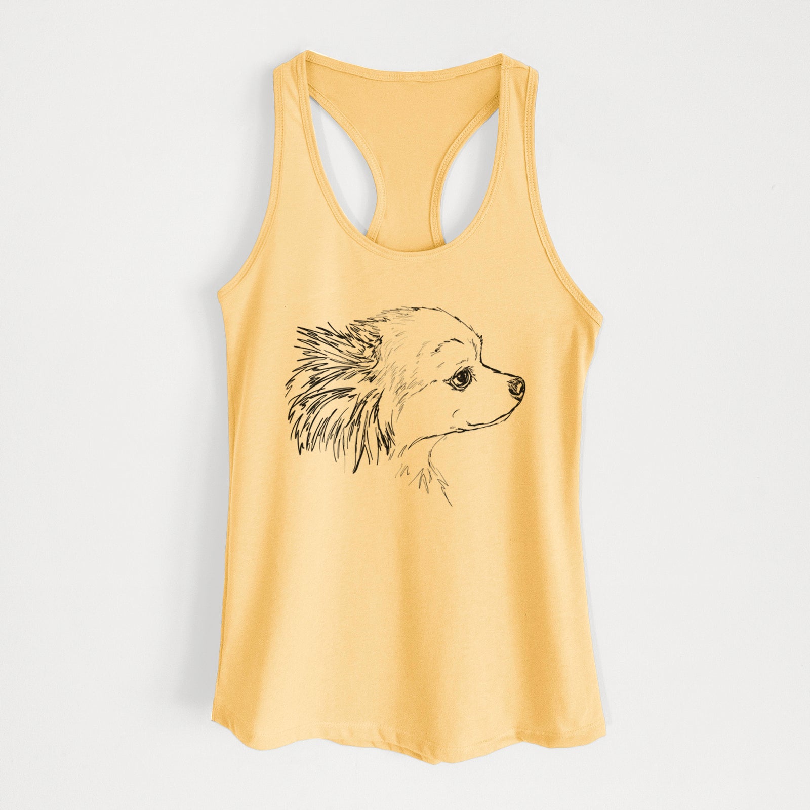 Full-body line drawing of Charles the Pomchi on a Banana Cream Women's racerback tanktop