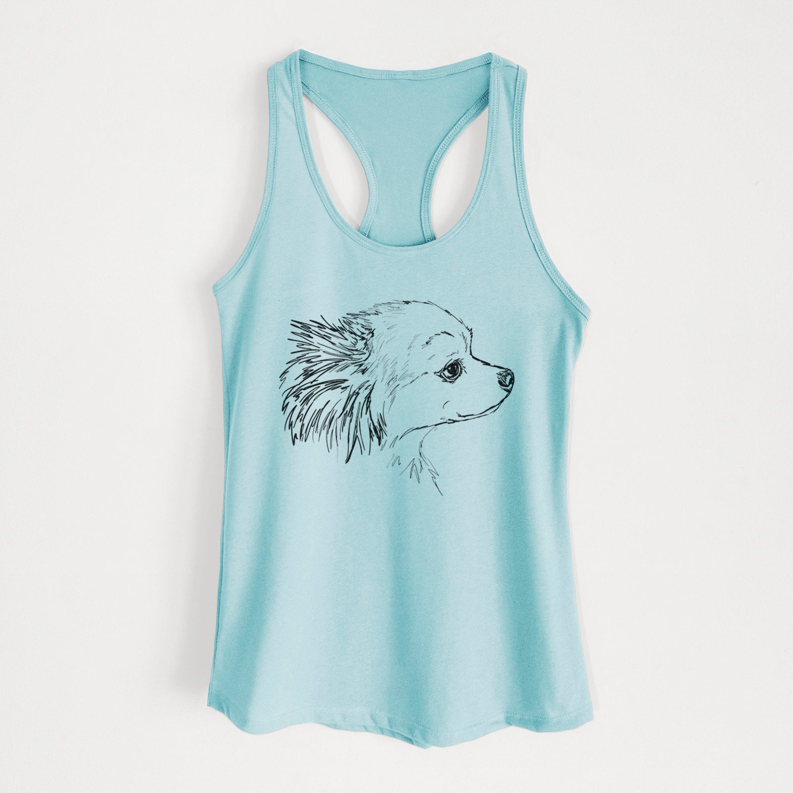 Full-body line drawing of Charles the Pomchi on a Cancun Blue Women's racerback tanktop