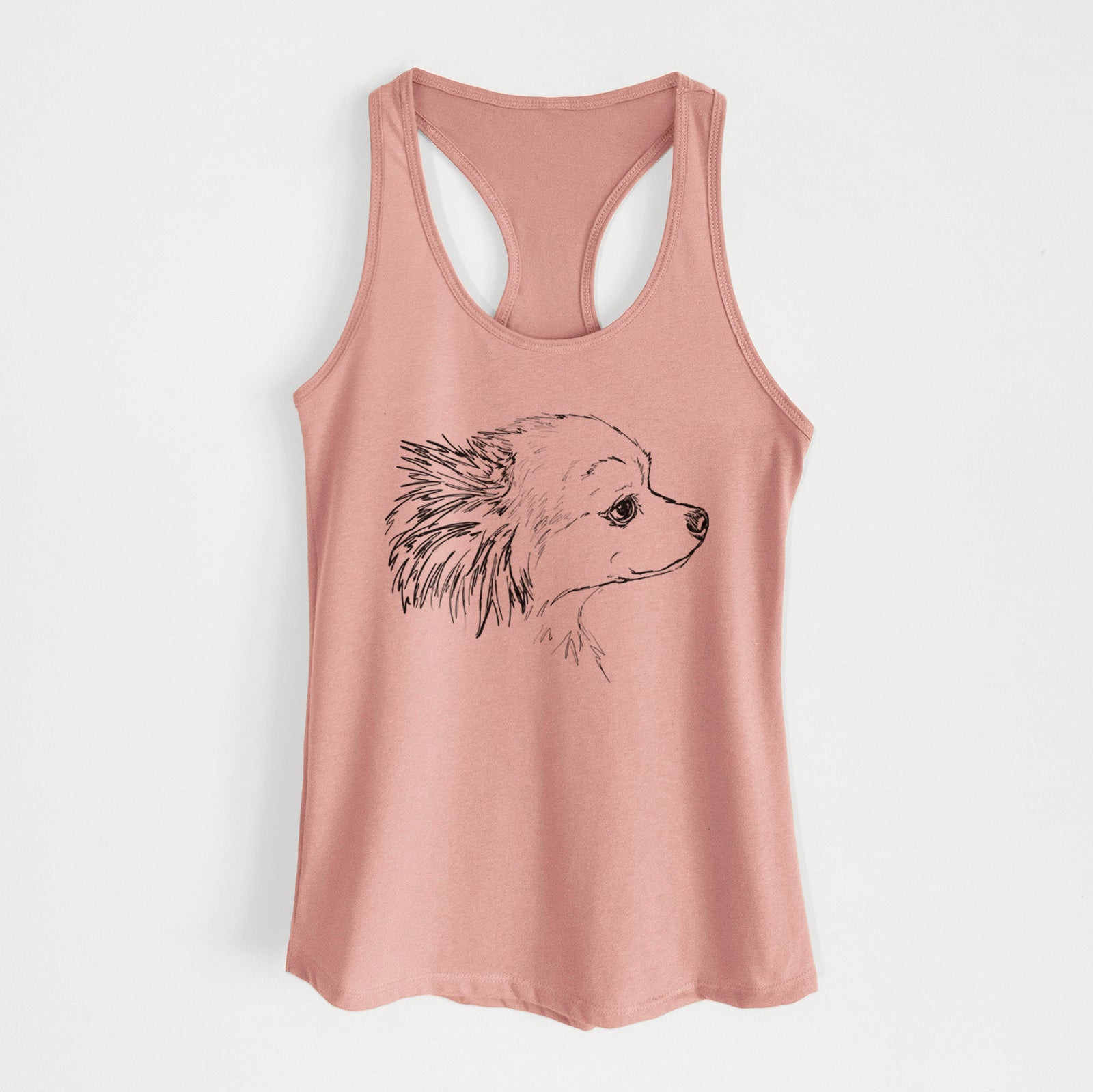 Full-body line drawing of Charles the Pomchi on a Desert Pink Women's racerback tanktop