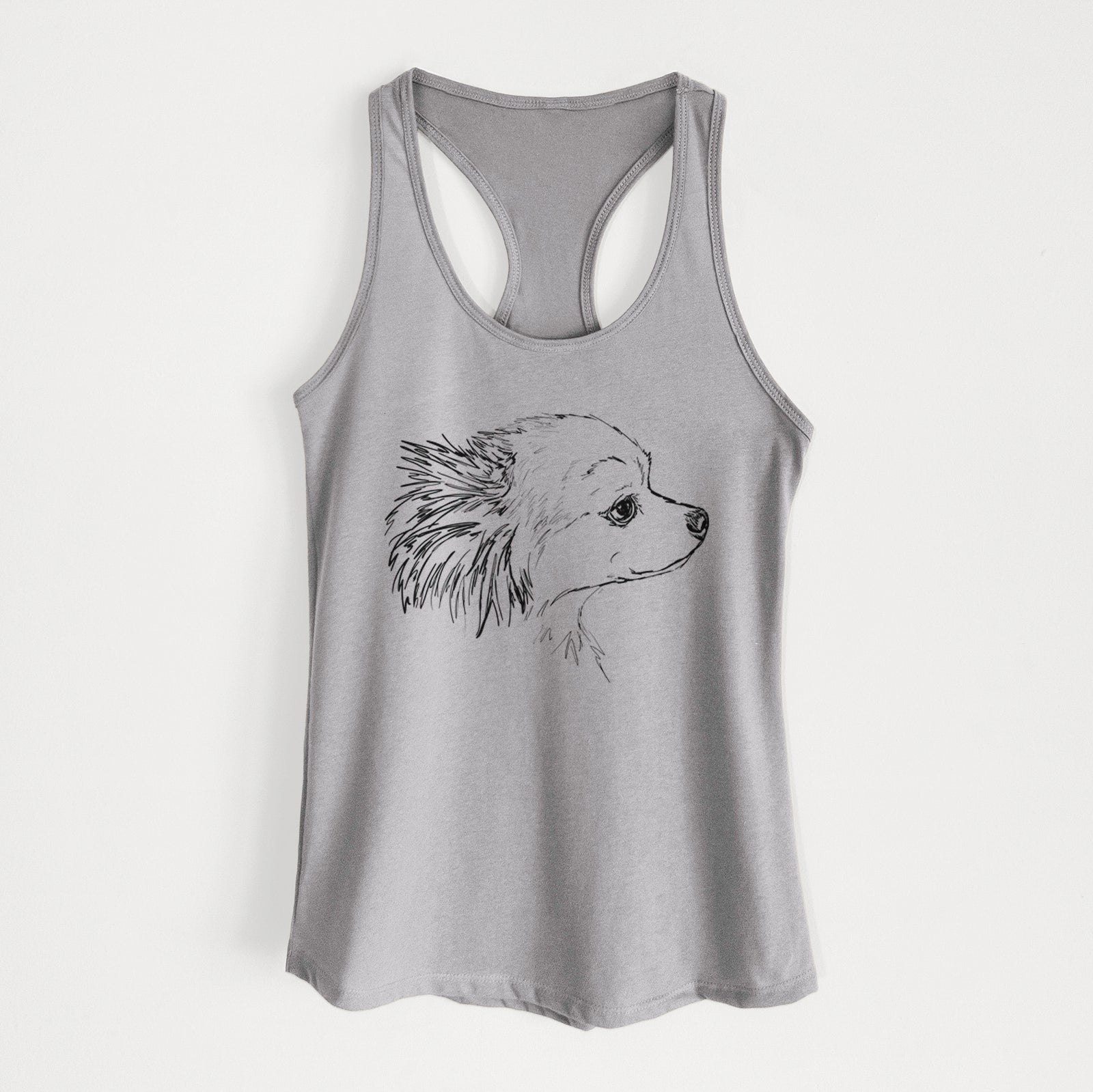 Full-body line drawing of Charles the Pomchi on a Heather Grey Women's racerback tanktop
