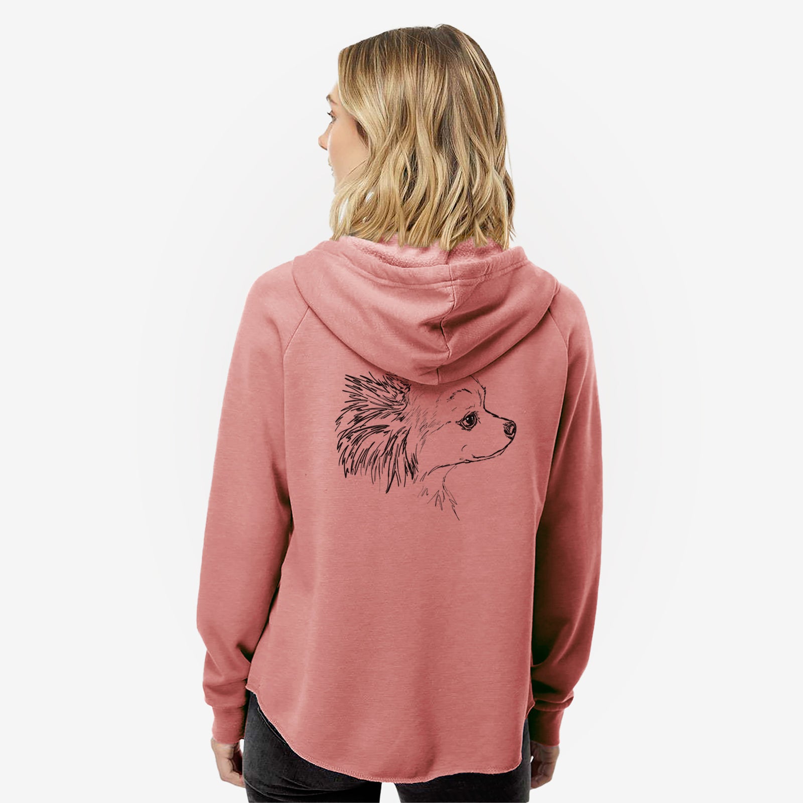 Full-body line drawing of Charles the Pomchi on a Dusty Rose Women's cali wave zip-up sweatshirt
