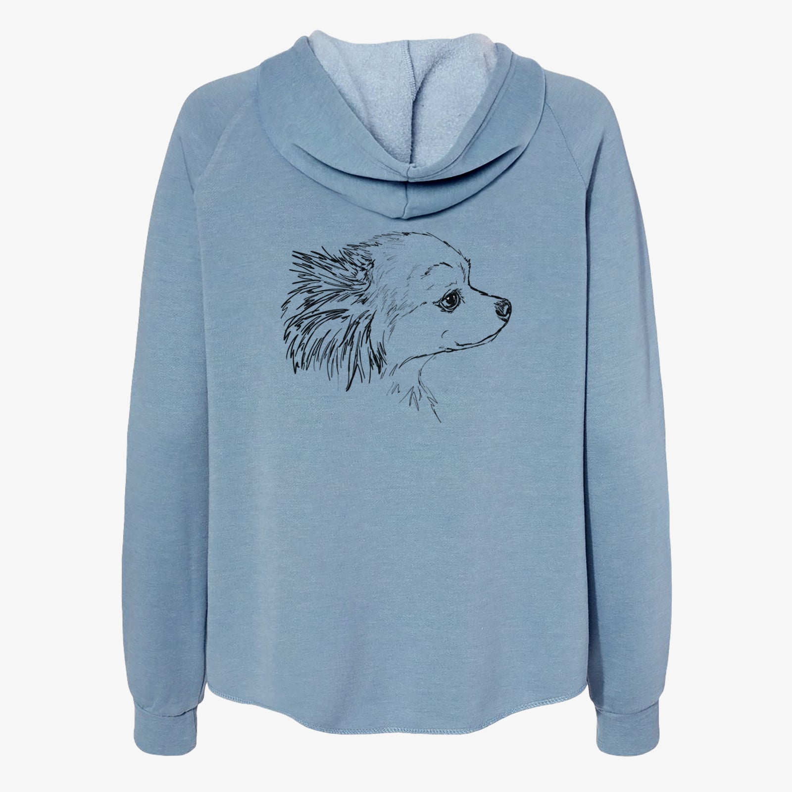Full-body line drawing of Charles the Pomchi on a Misty Blue Women's cali wave zip-up sweatshirt