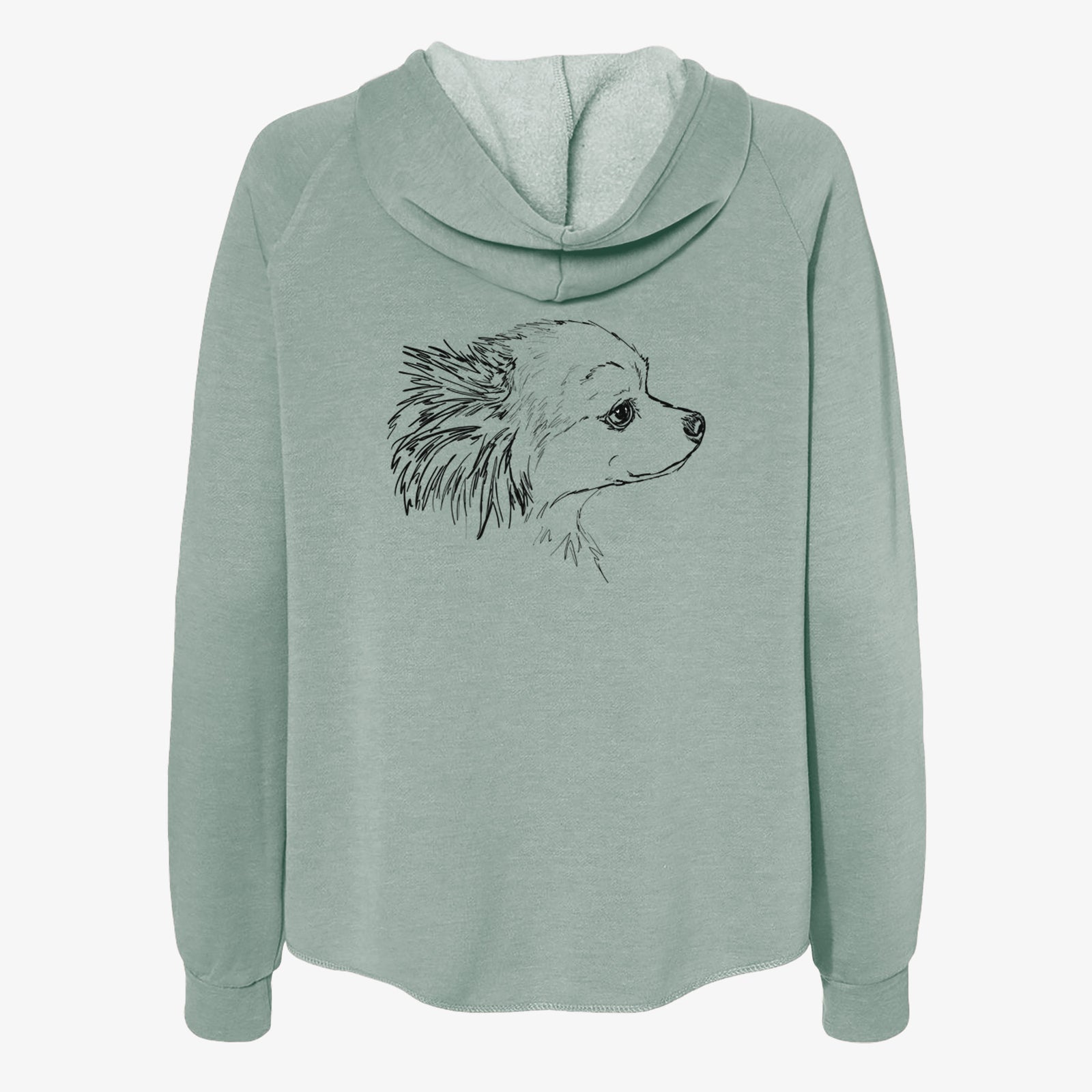 Full-body line drawing of Charles the Pomchi on a Sage Women's cali wave zip-up sweatshirt