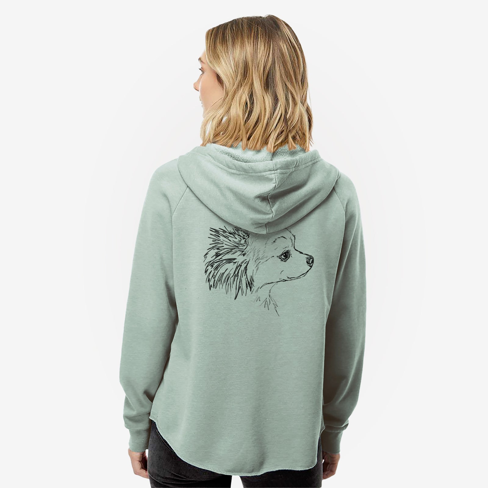 Full-body line drawing of Charles the Pomchi on a Sage Women's cali wave zip-up sweatshirt
