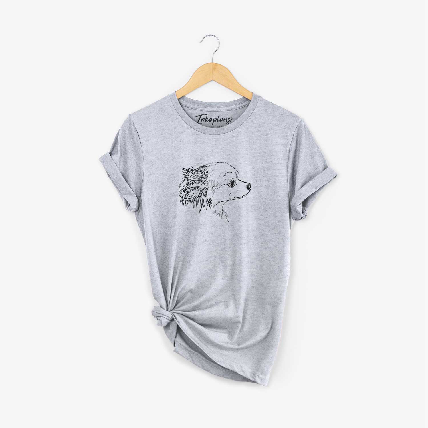 Full-body line drawing of Charles the Pomchi on a Grey Unisex crewneck