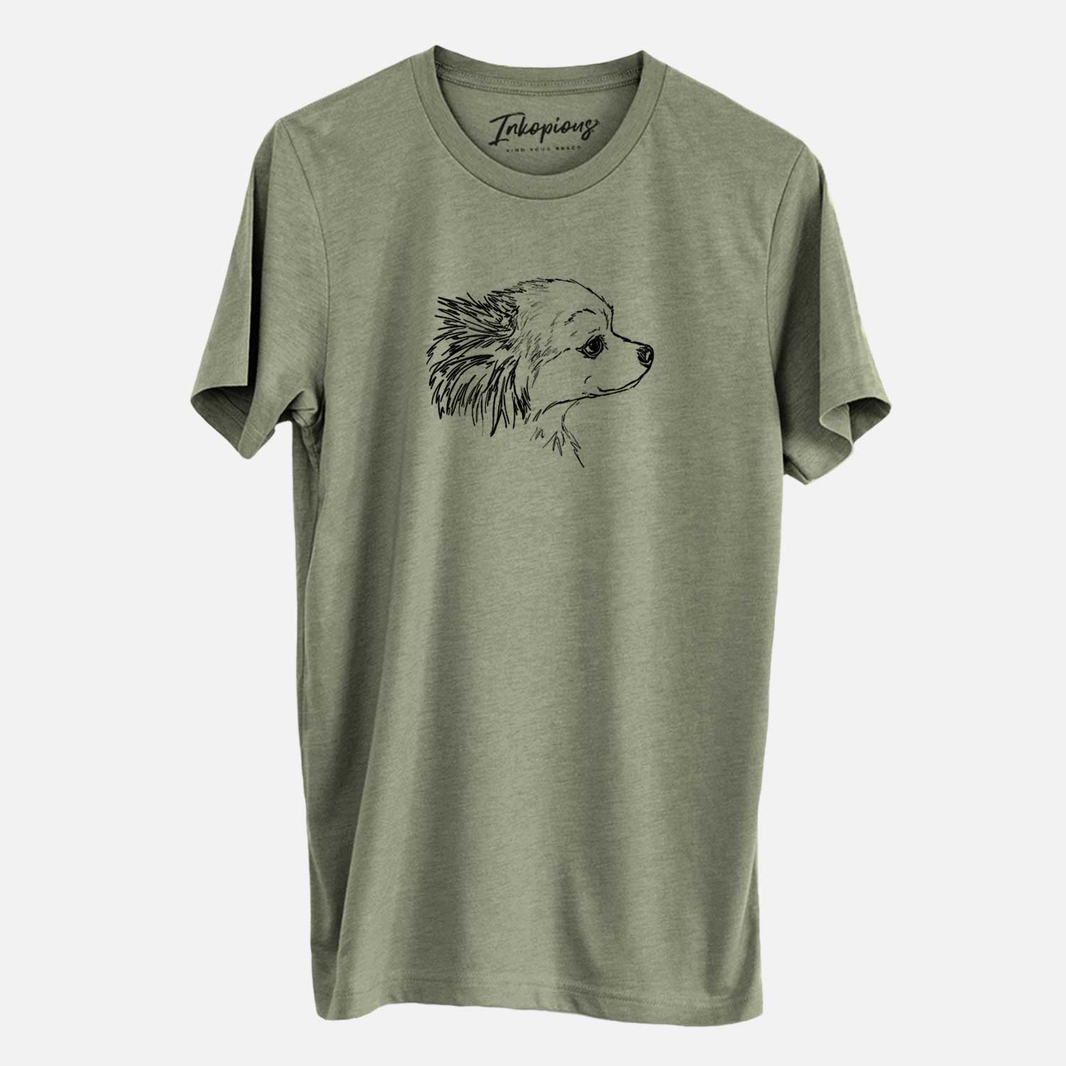 Full-body line drawing of Charles the Pomchi on an Olive Unisex crewneck