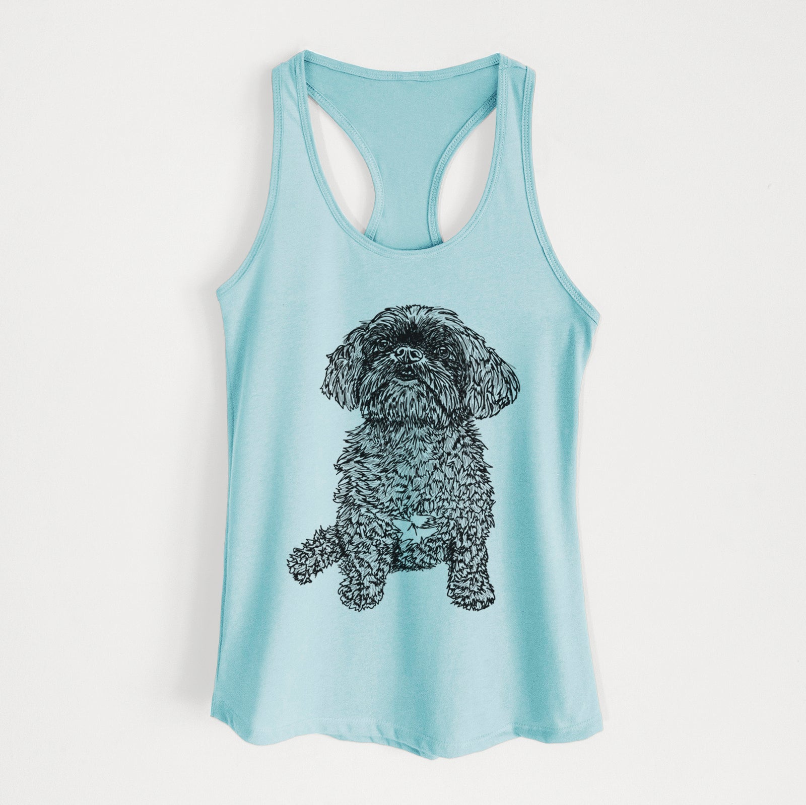 Full-body line drawing of Chewie the Peekapoo on a Cancun Blue Women's racerback tanktop