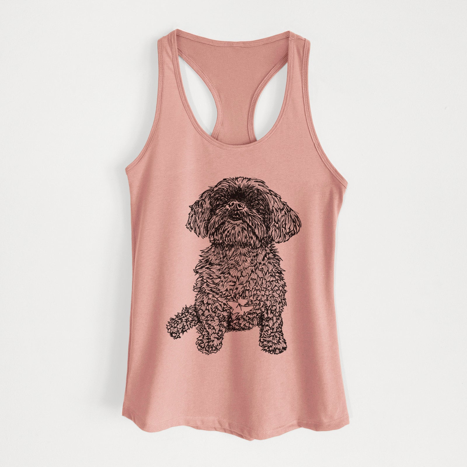 Full-body line drawing of Chewie the Peekapoo on a Desert Pink Women's racerback tanktop
