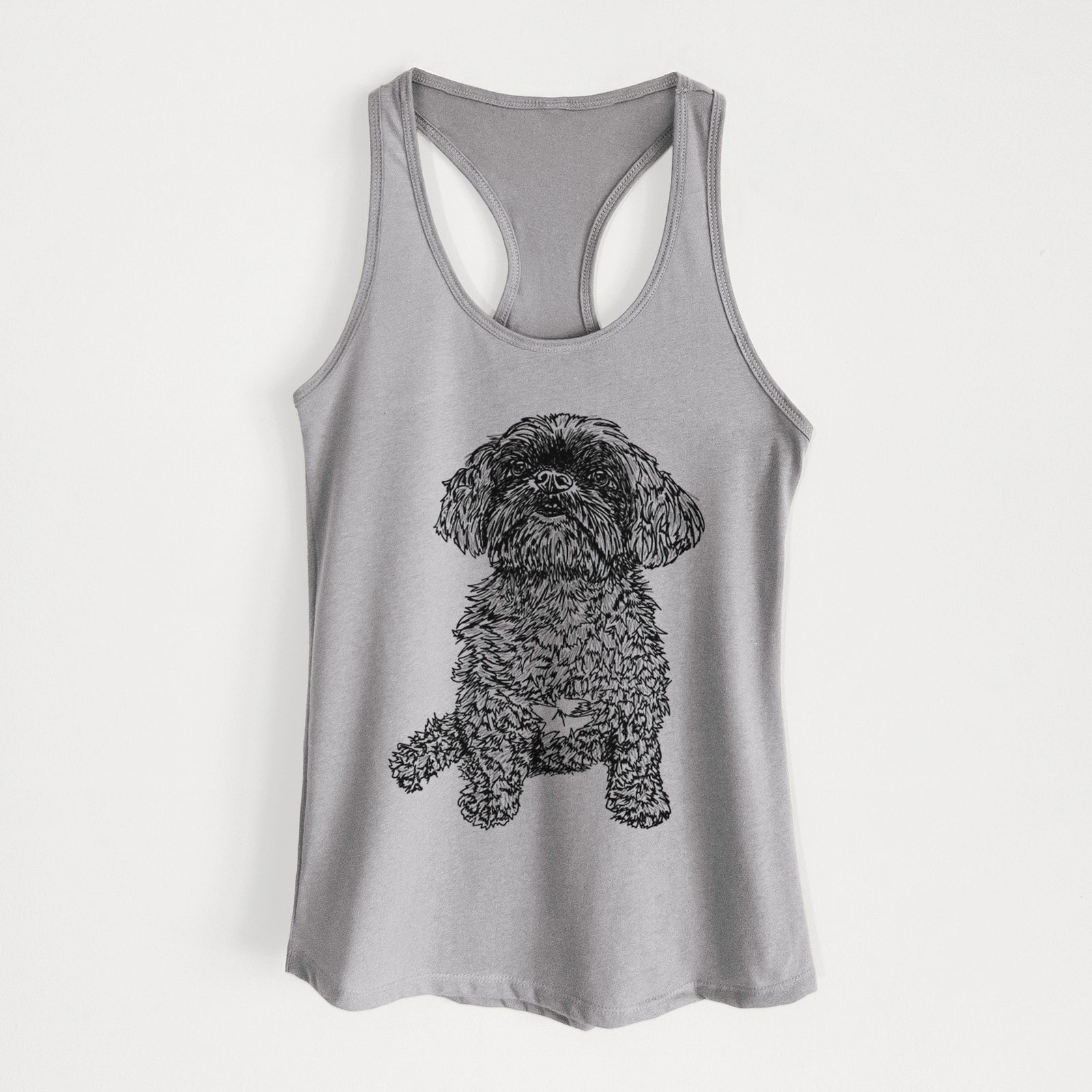 Full-body line drawing of Chewie the Peekapoo on a Heather Grey Women's racerback tanktop