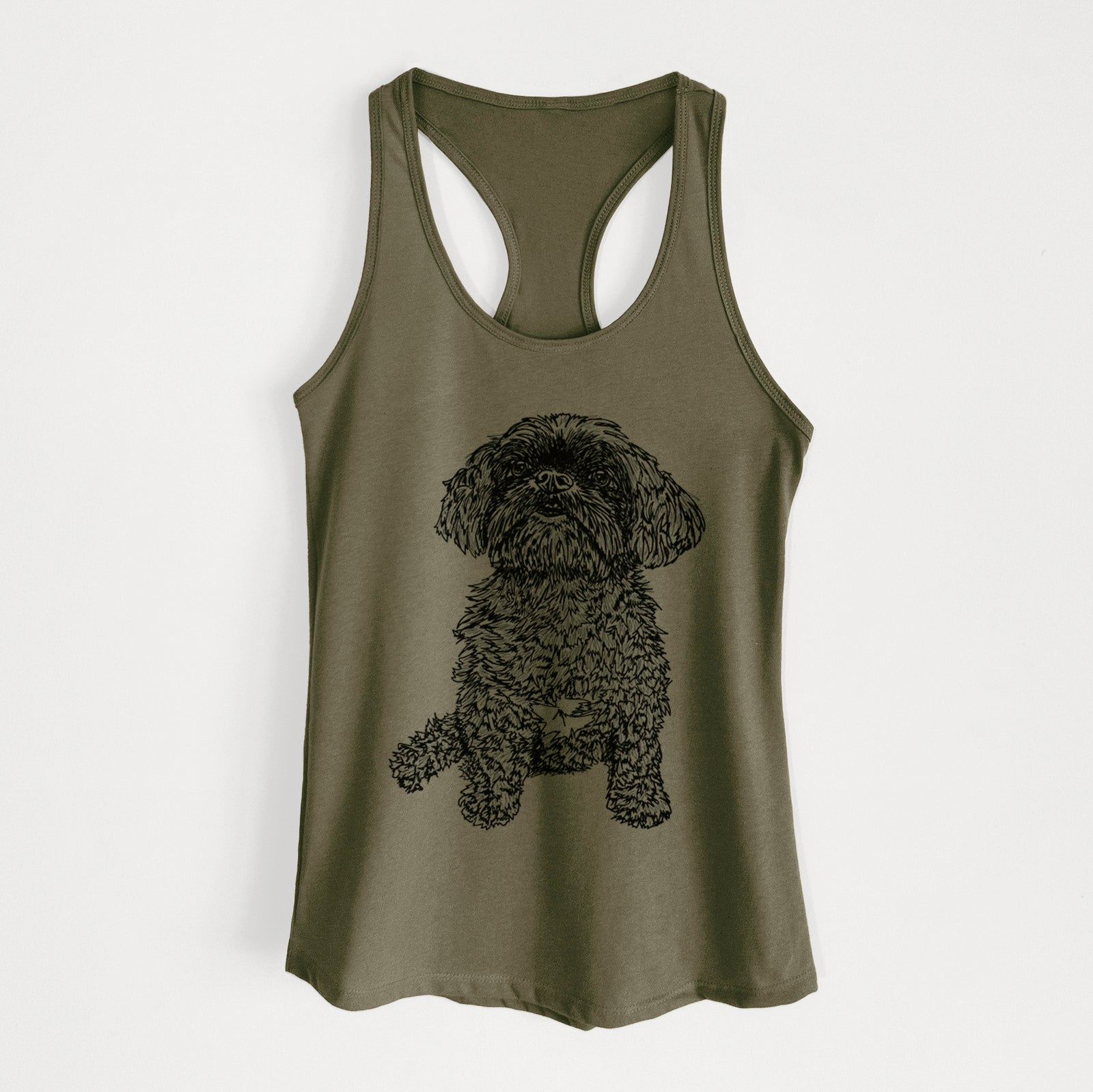 Full-body line drawing of Chewie the Peekapoo on a Military Green Women's racerback tanktop