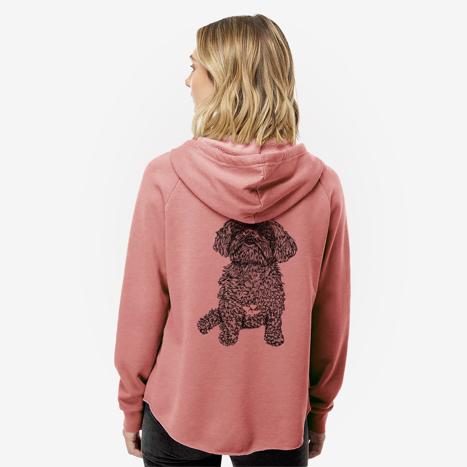 Full-body line drawing of Chewie the Peekapoo on a Dusty Rose Women's cali wave zip-up sweatshirt