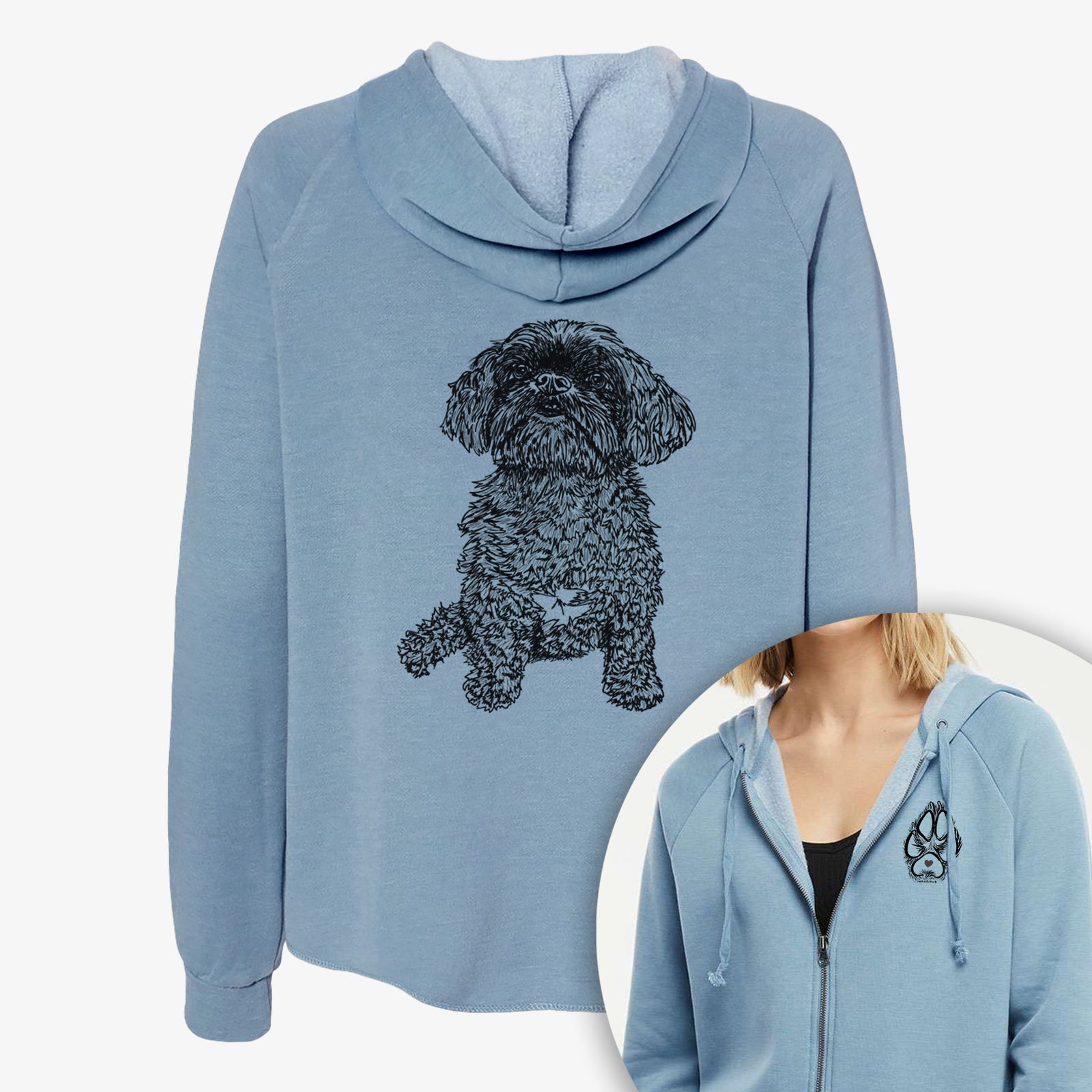 Full-body line drawing of Chewie the Peekapoo on a Women's cali wave zip-up sweatshirt, shown with icons of the other available costume styles