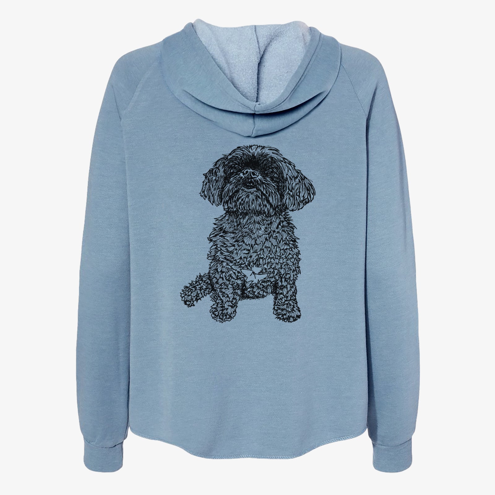 Full-body line drawing of Chewie the Peekapoo on a Misty Blue Women's cali wave zip-up sweatshirt