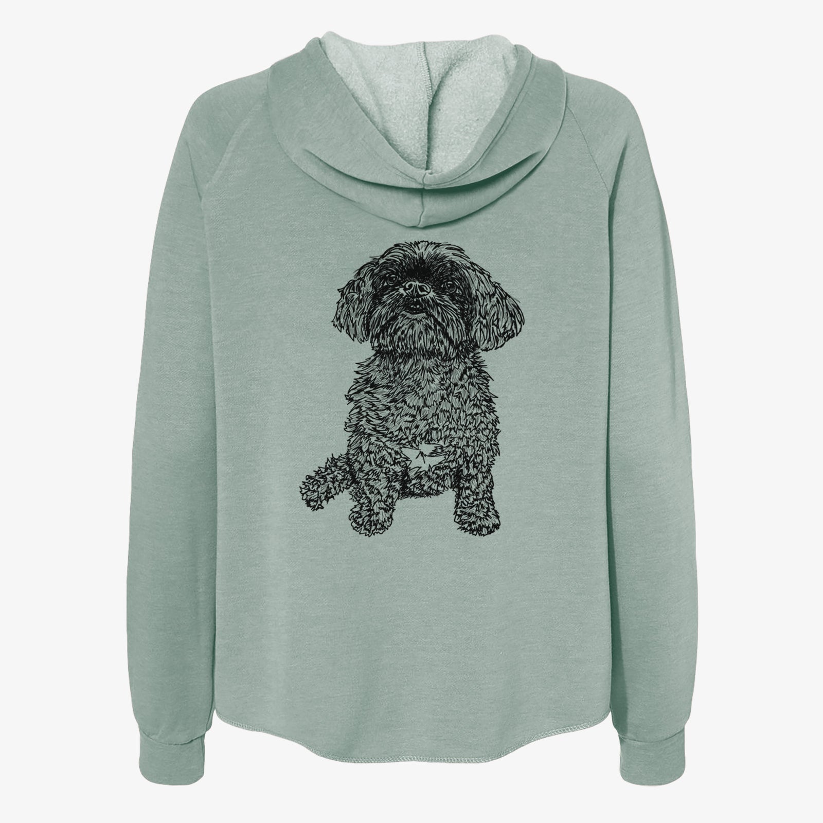 Full-body line drawing of Chewie the Peekapoo on a Sage Women's cali wave zip-up sweatshirt