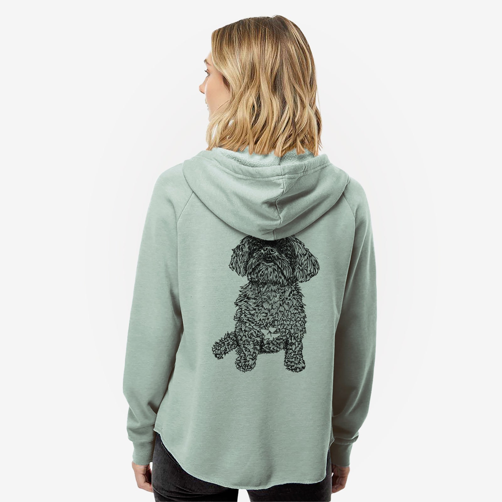 Full-body line drawing of Chewie the Peekapoo on a Sage Women's cali wave zip-up sweatshirt