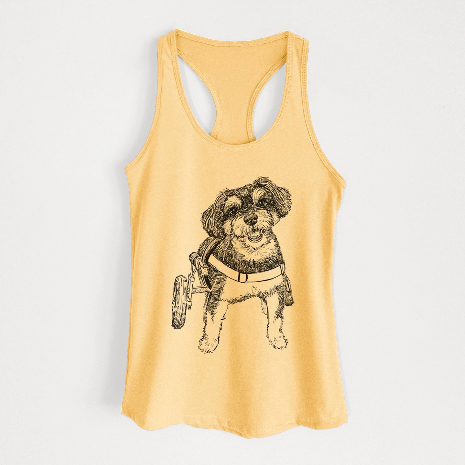 Full-body line drawing of Cobb the Havapoo on a Banana Cream Women's racerback tanktop