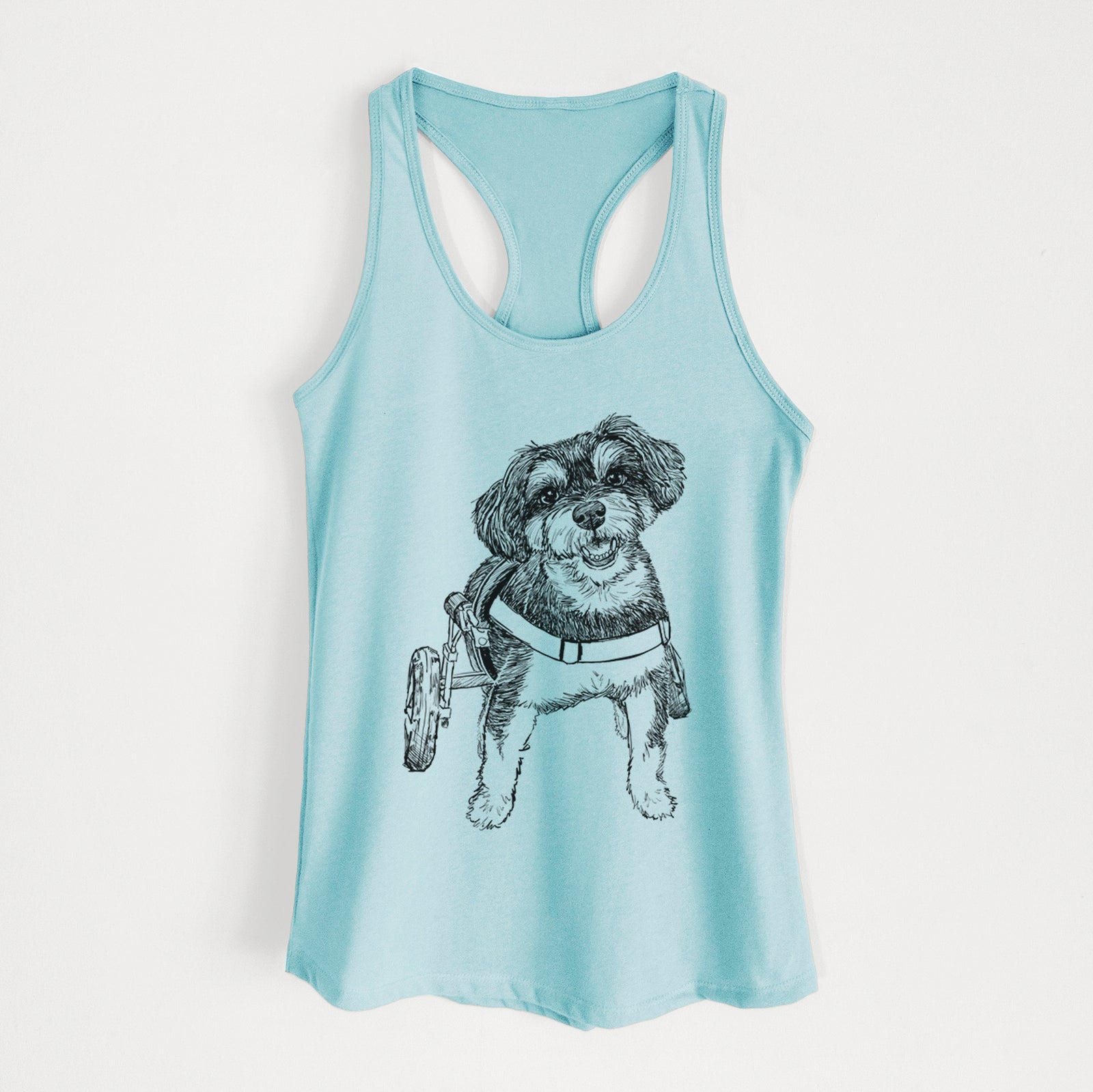 Full-body line drawing of Cobb the Havapoo on a Cancun Blue Women's racerback tanktop