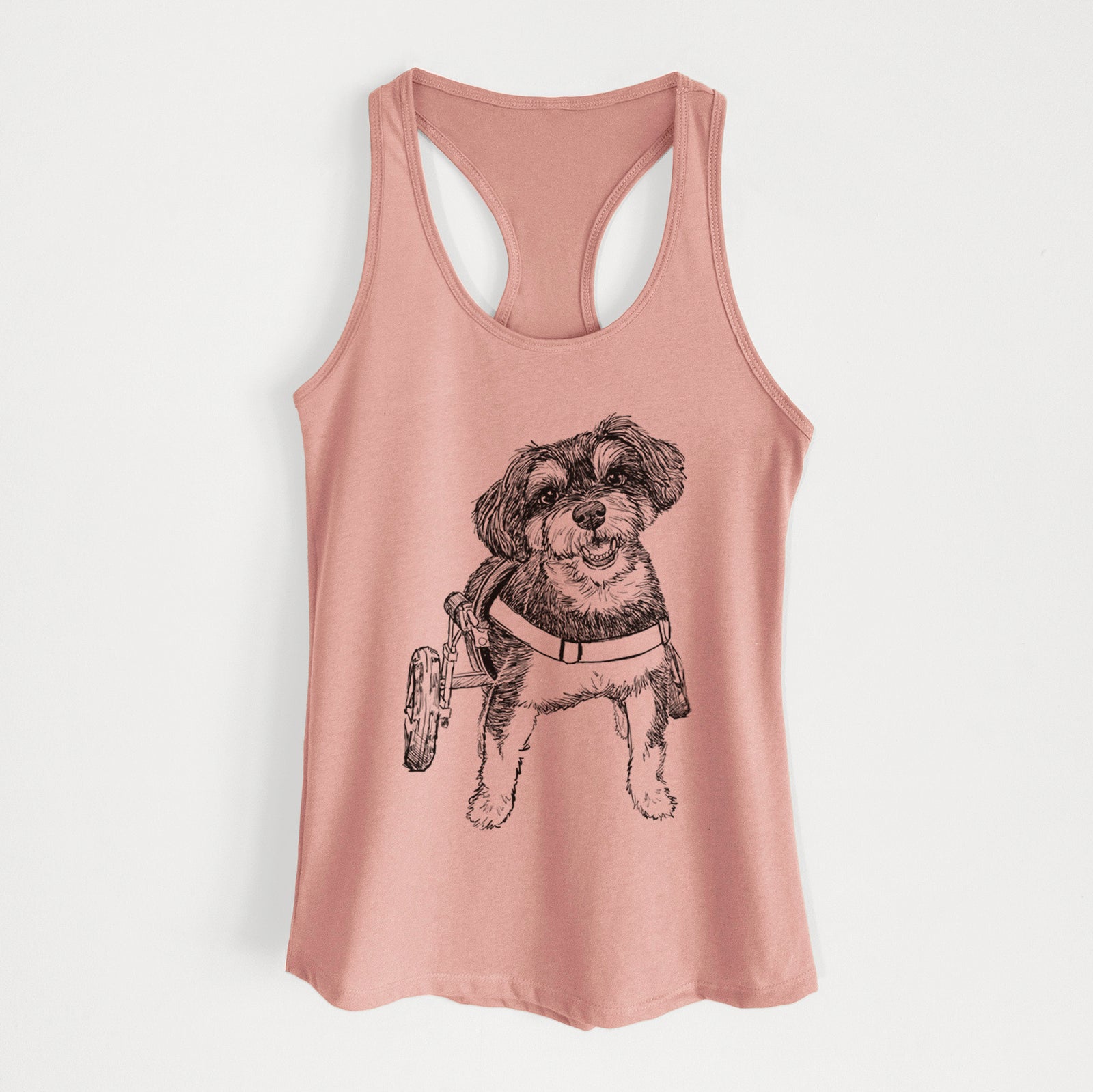 Full-body line drawing of Cobb the Havapoo on a Desert Pink Women's racerback tanktop