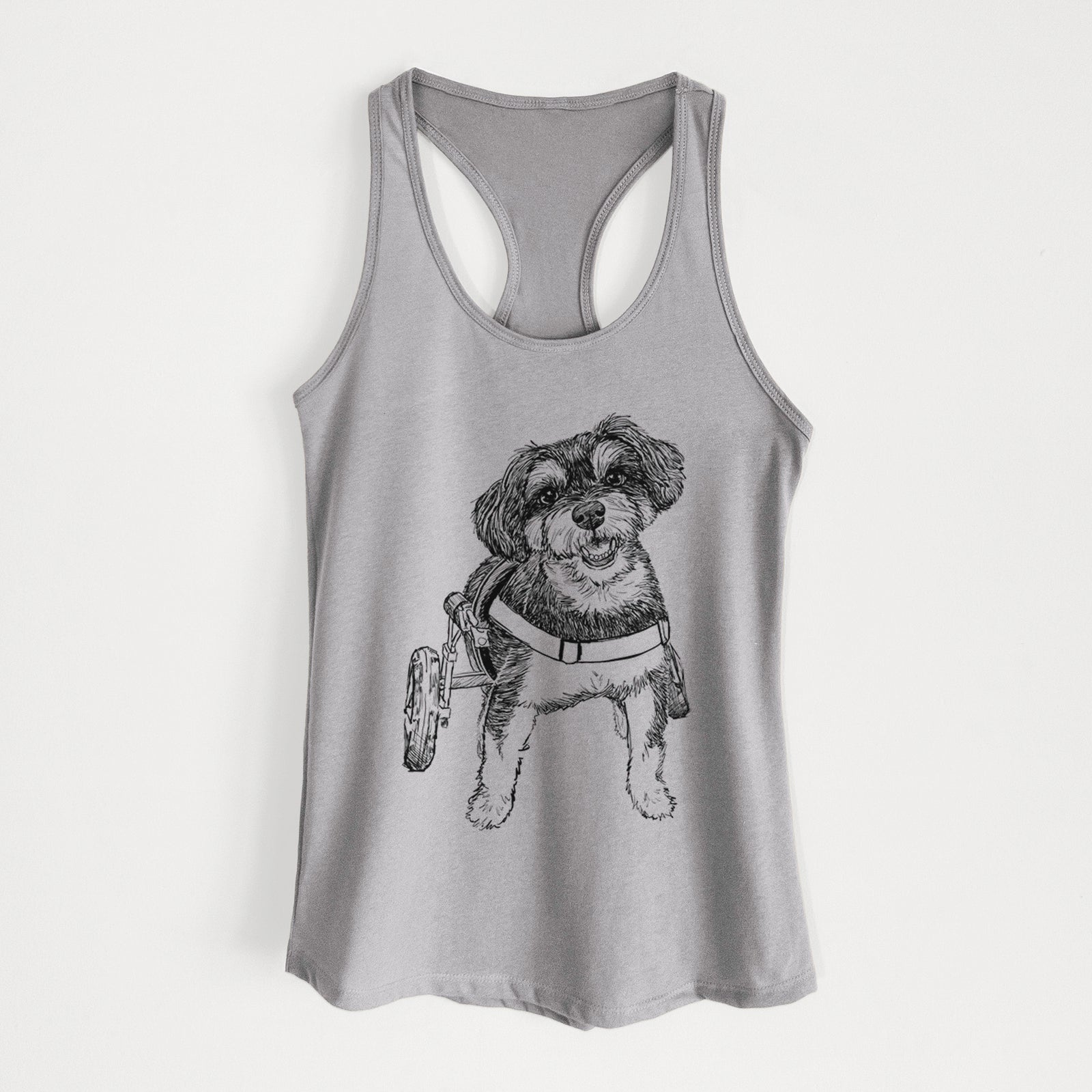 Full-body line drawing of Cobb the Havapoo on a Heather Grey Women's racerback tanktop