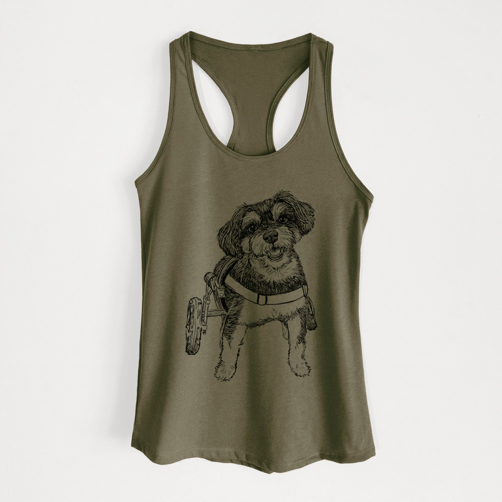 Full-body line drawing of Cobb the Havapoo on a Military Green Women's racerback tanktop