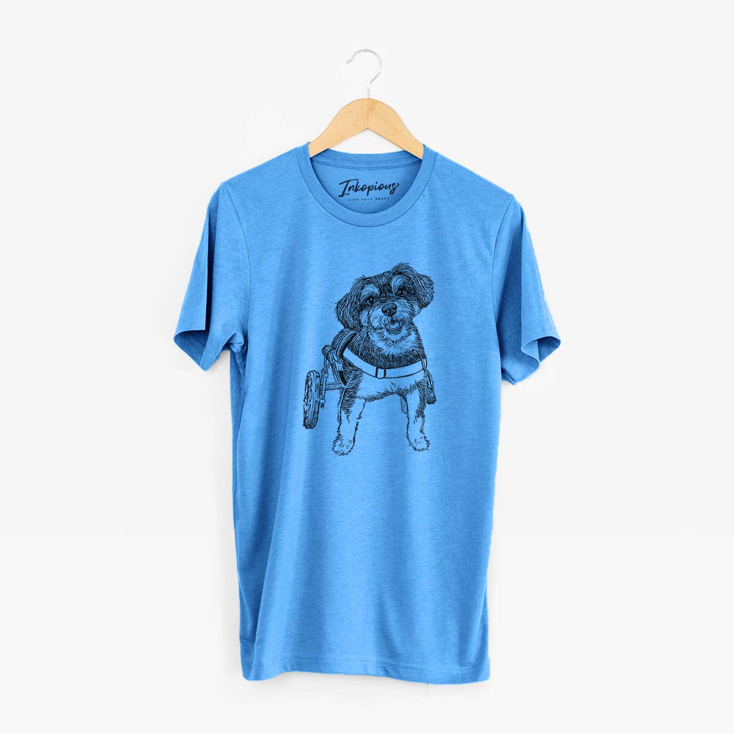 Full-body line drawing of Cobb the Havapoo on a Blue Unisex crewneck