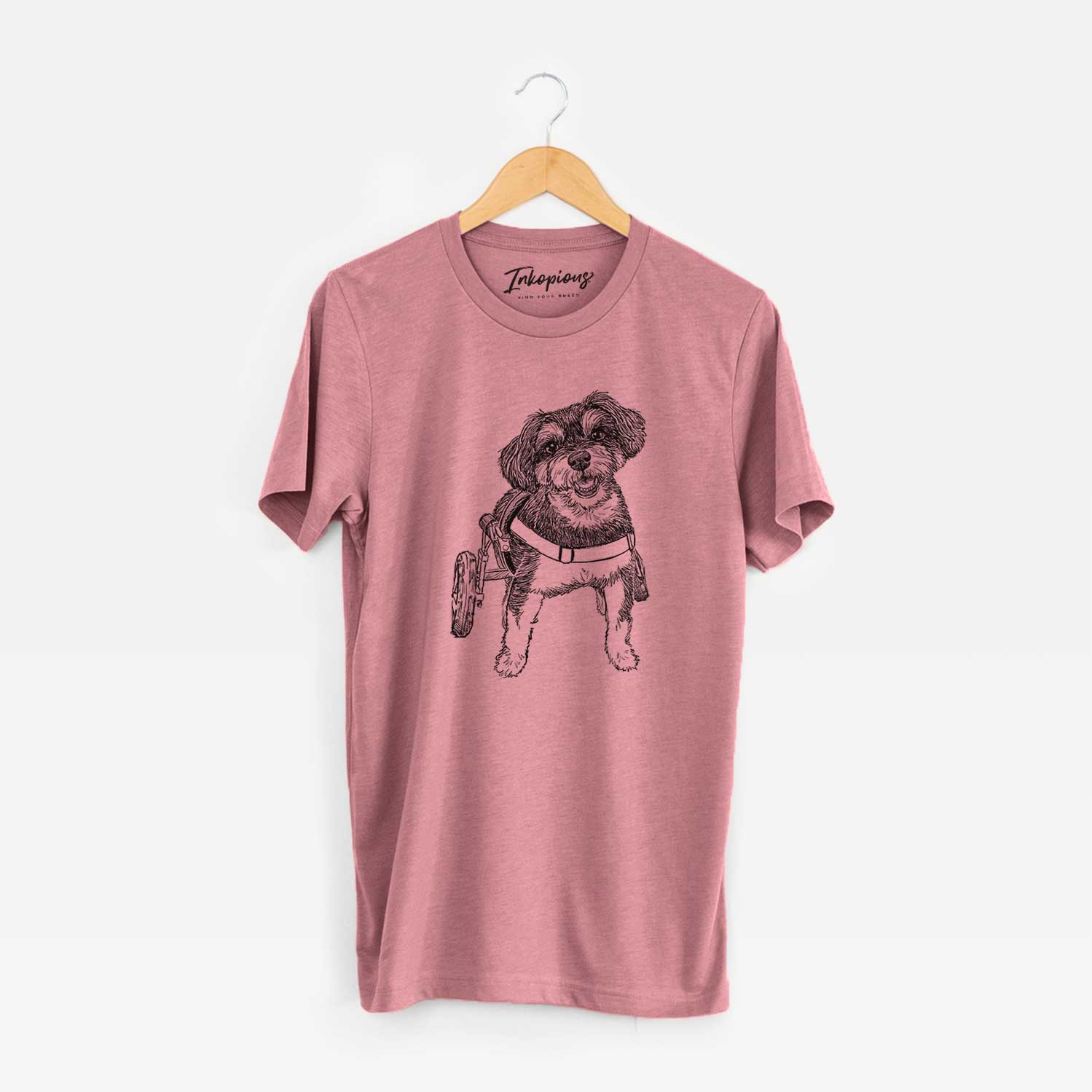 Full-body line drawing of Cobb the Havapoo on a Mauve Unisex crewneck