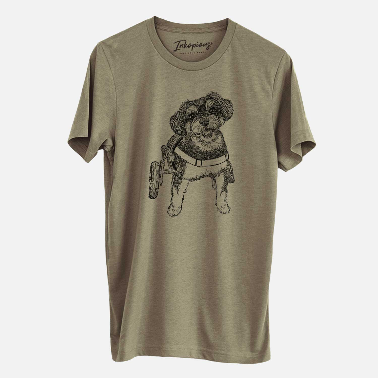 Full-body line drawing of Cobb the Havapoo on an Olive Unisex crewneck