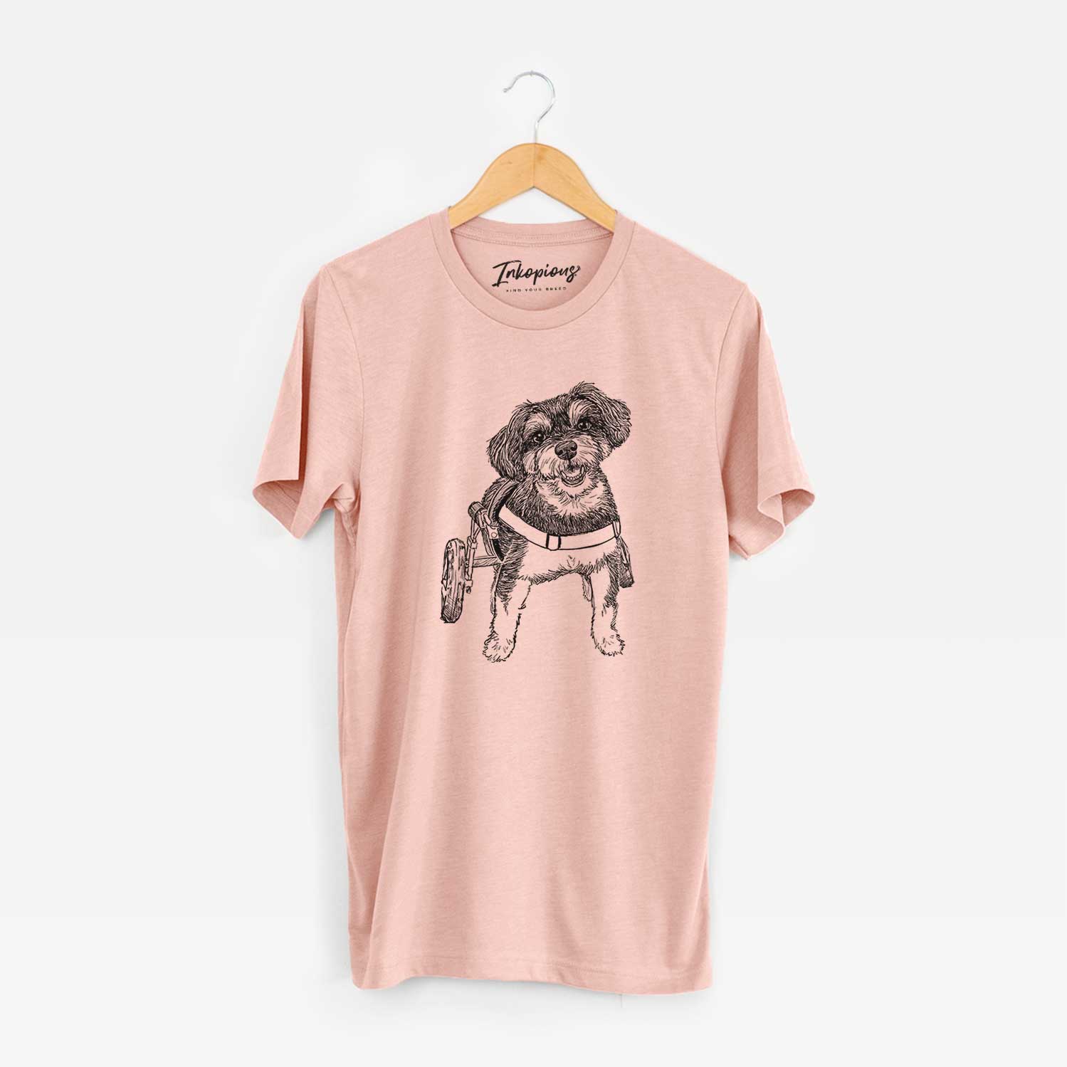 Full-body line drawing of Cobb the Havapoo on a Peach Unisex crewneck