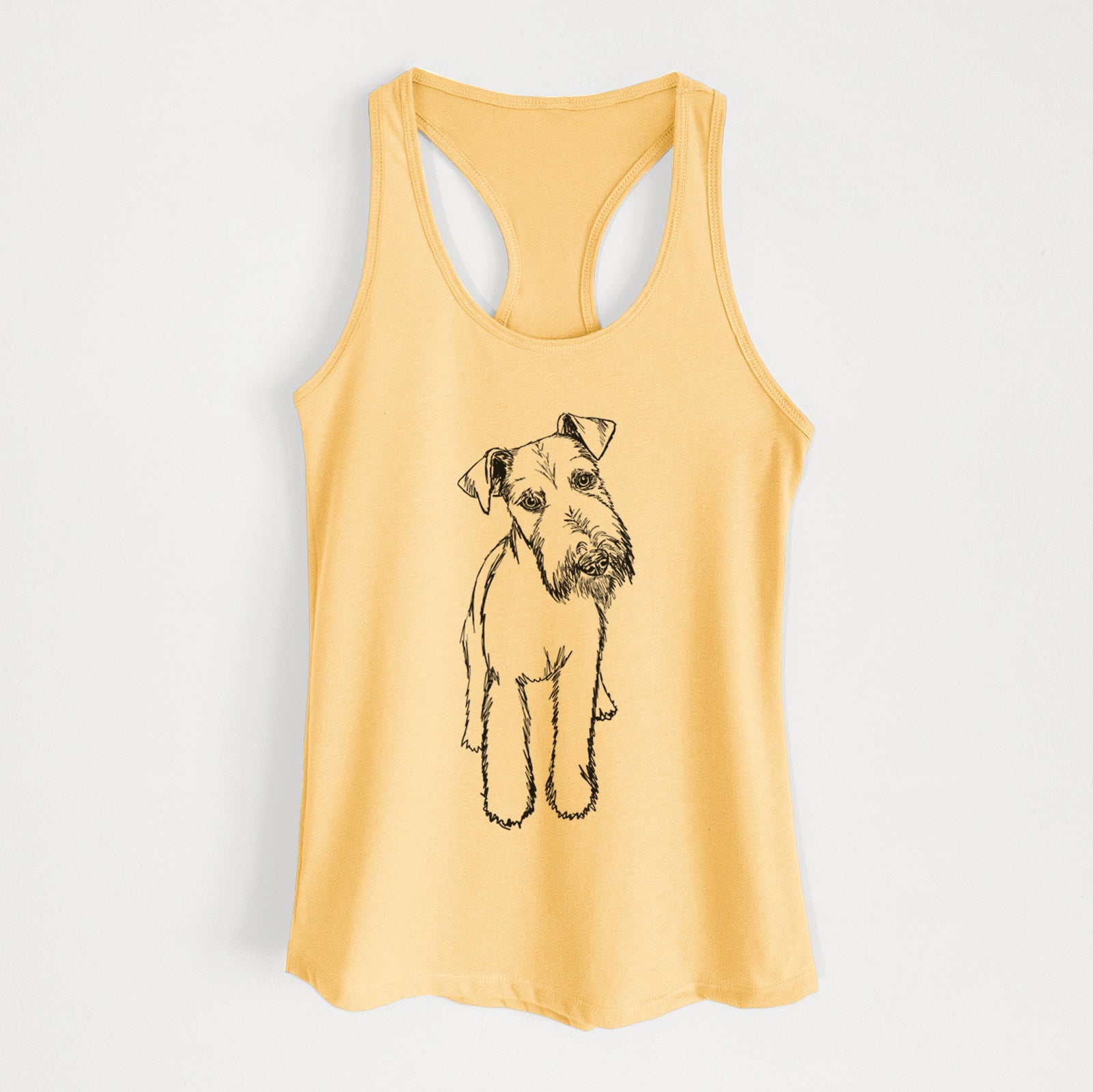 Full-body line drawing of Colbi the Welsh Terrier on a Banana Cream Women's racerback tanktop