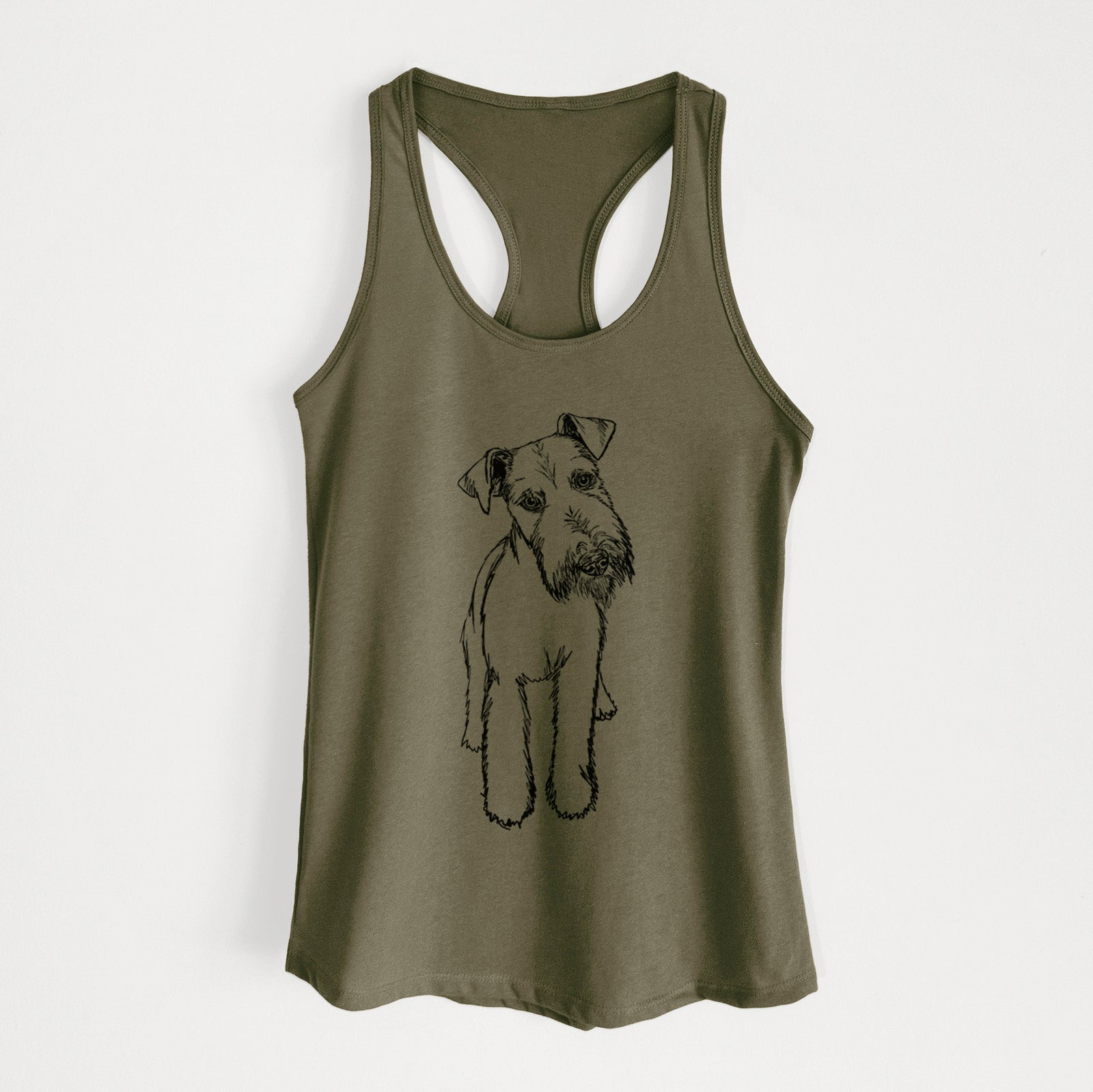 Full-body line drawing of Colbi the Welsh Terrier on a Military Green Women's racerback tanktop