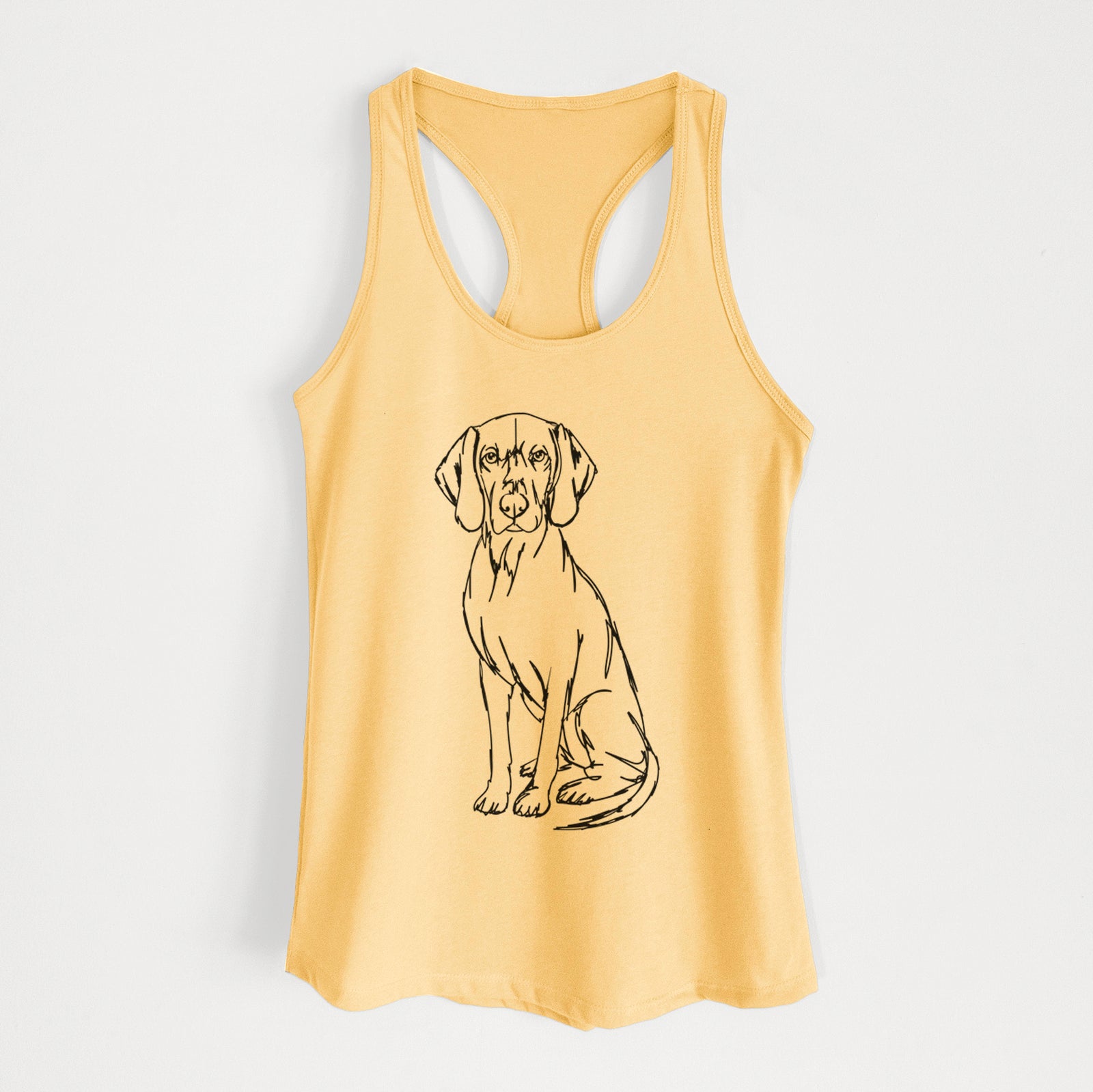 Full-body line drawing of a Coonhound on a Banana Cream Women's racerback tanktop