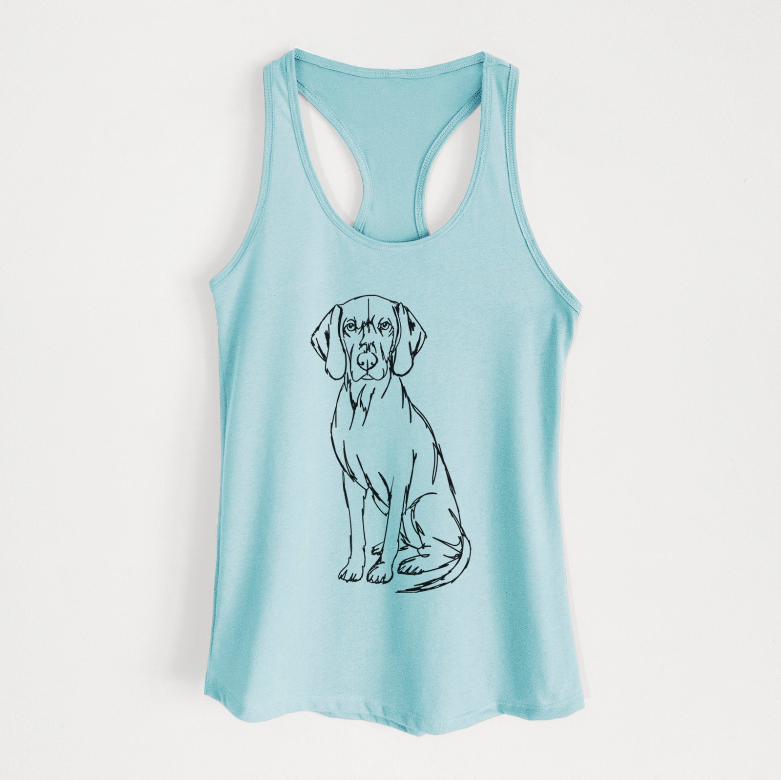 Full-body line drawing of a Coonhound on a Cancun Blue Women's racerback tanktop