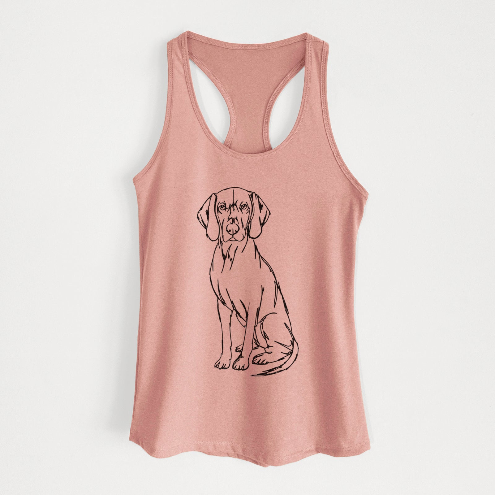 Full-body line drawing of a Coonhound on a Desert Pink Women's racerback tanktop