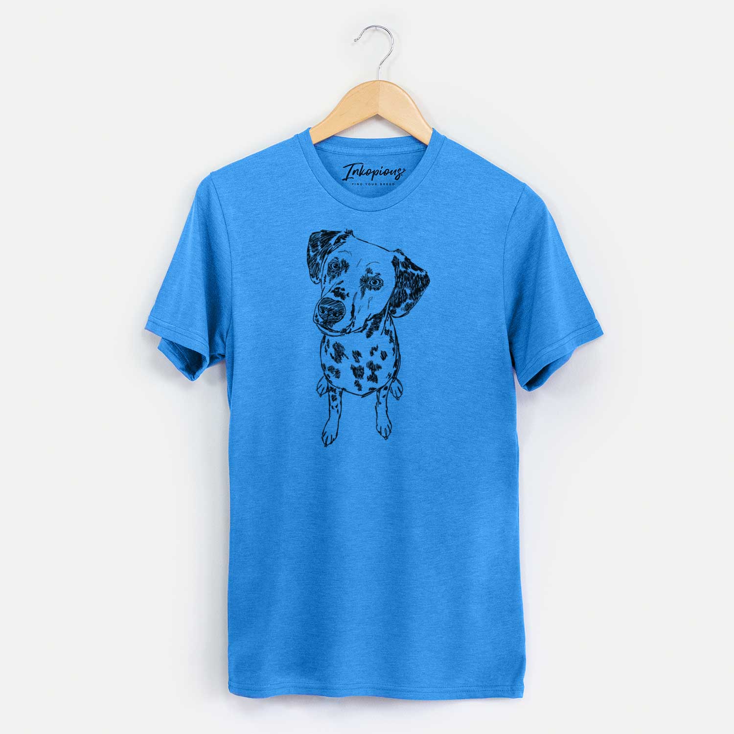 Full-body line drawing of Daisy Mae the Dalmatian on a Blue Unisex crewneck