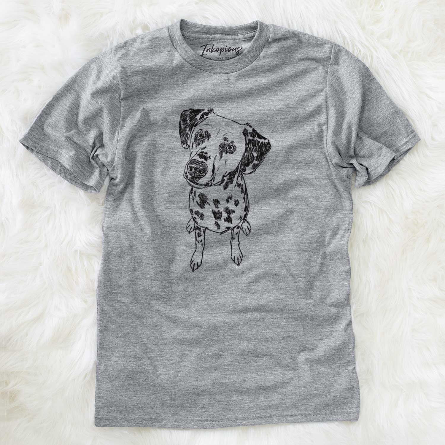Full-body line drawing of Daisy Mae the Dalmatian on a Grey Unisex crewneck
