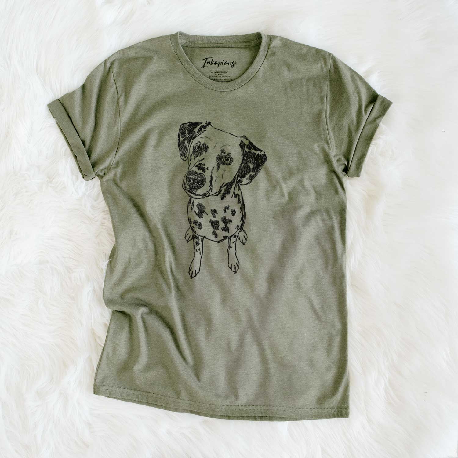 Full-body line drawing of Daisy Mae the Dalmatian on an Olive Unisex crewneck
