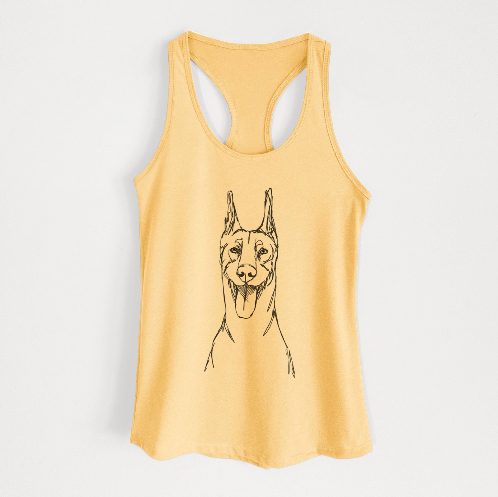 Full-body line drawing of a Doberman Pinscher on a Banana Cream Women's racerback tanktop